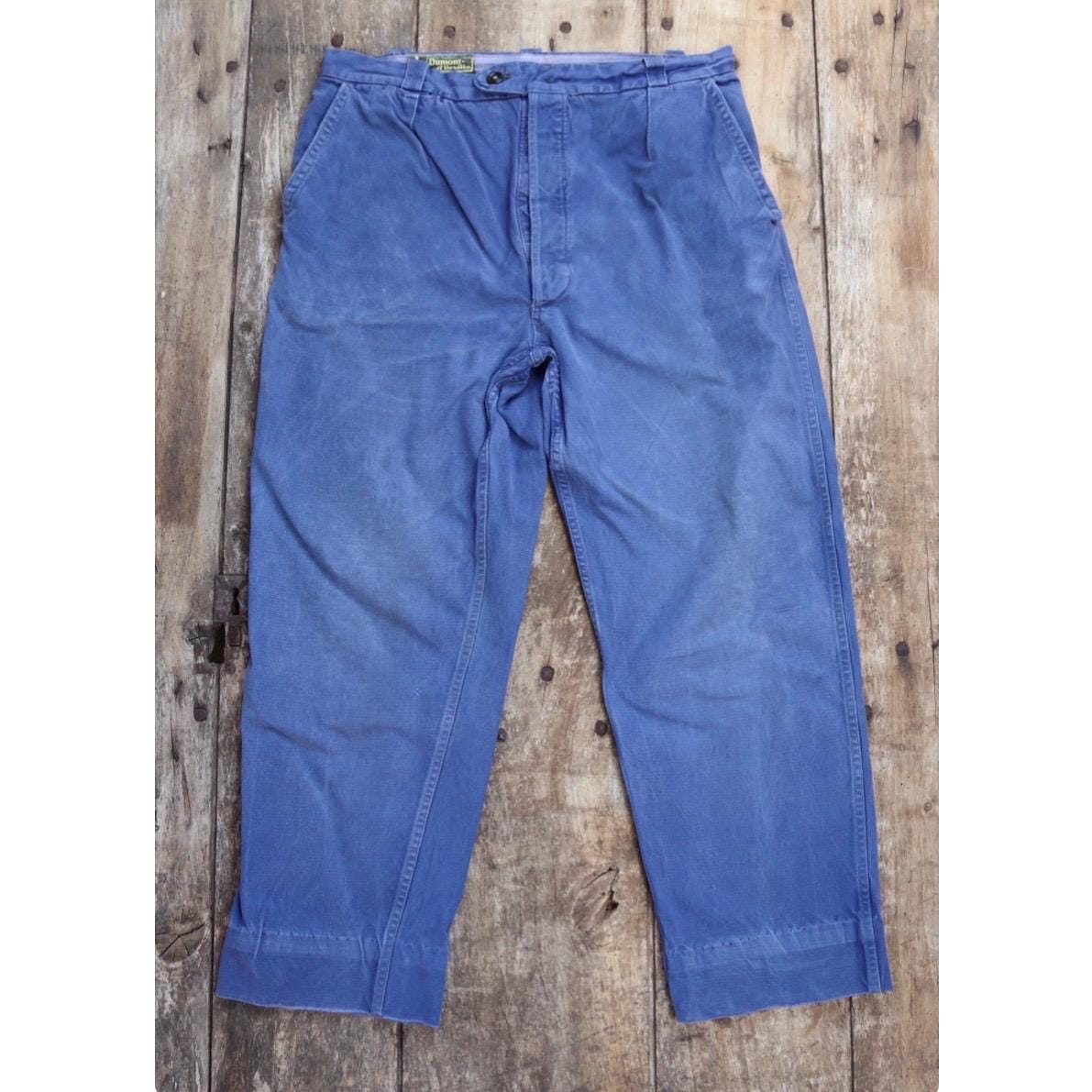 Vintage French workwear trousers pants indigo cotton twill 1960s work chore 35” x 27”