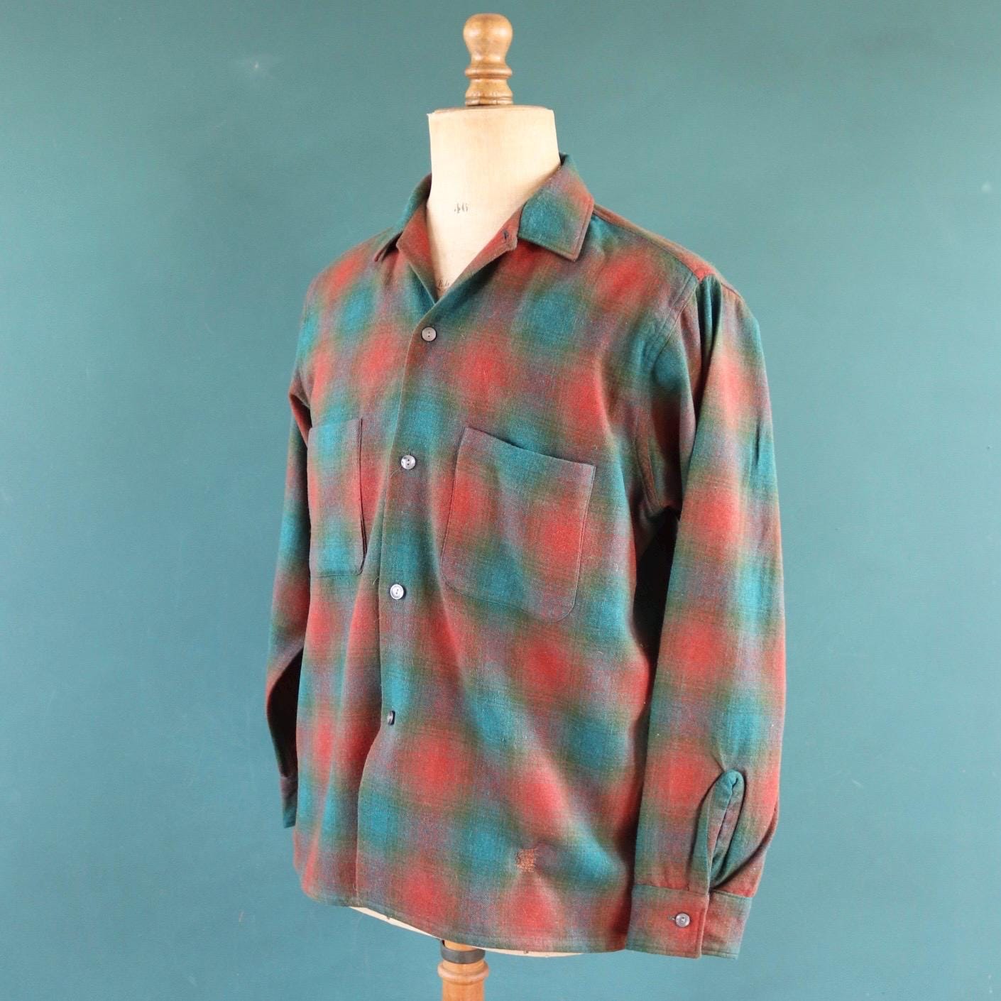 Vintage 1960s wool shadow plaid shirt brown green 46” chest loop collar