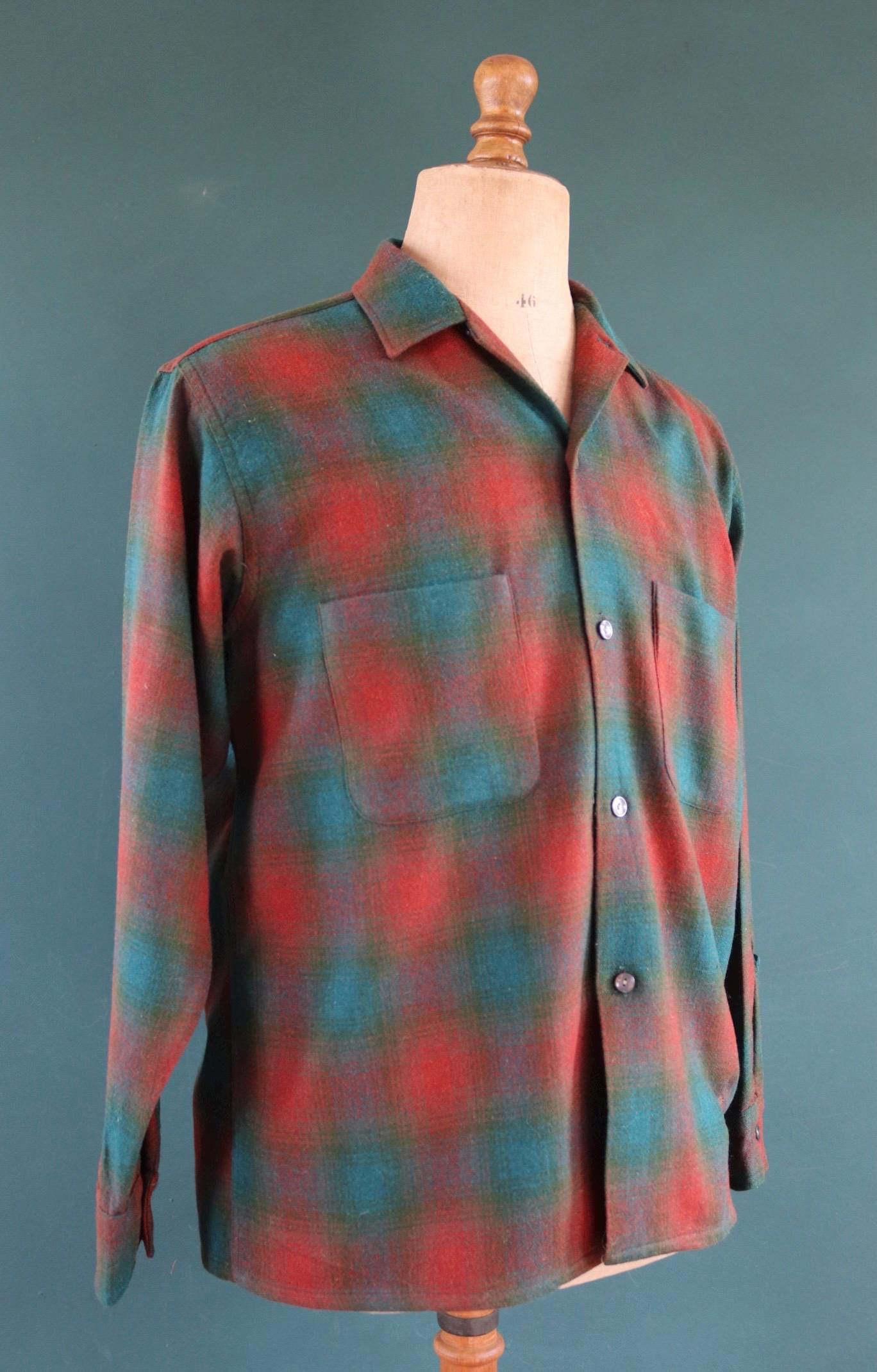 Vintage 1960s wool shadow plaid shirt brown green 46” chest loop collar