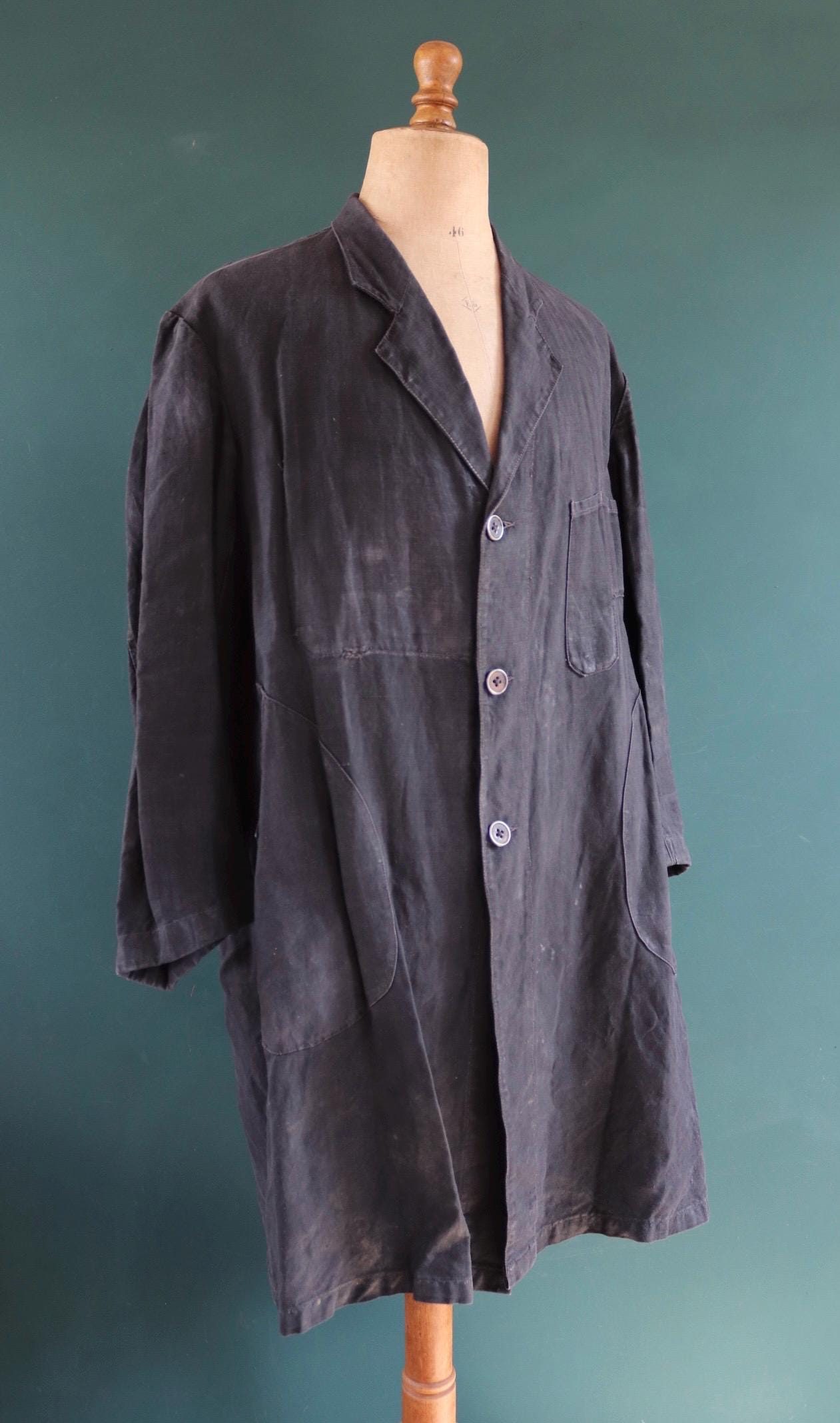 Vintage antique French indigo linen maquignon coat workwear duster work chore coat machinist 51” chest