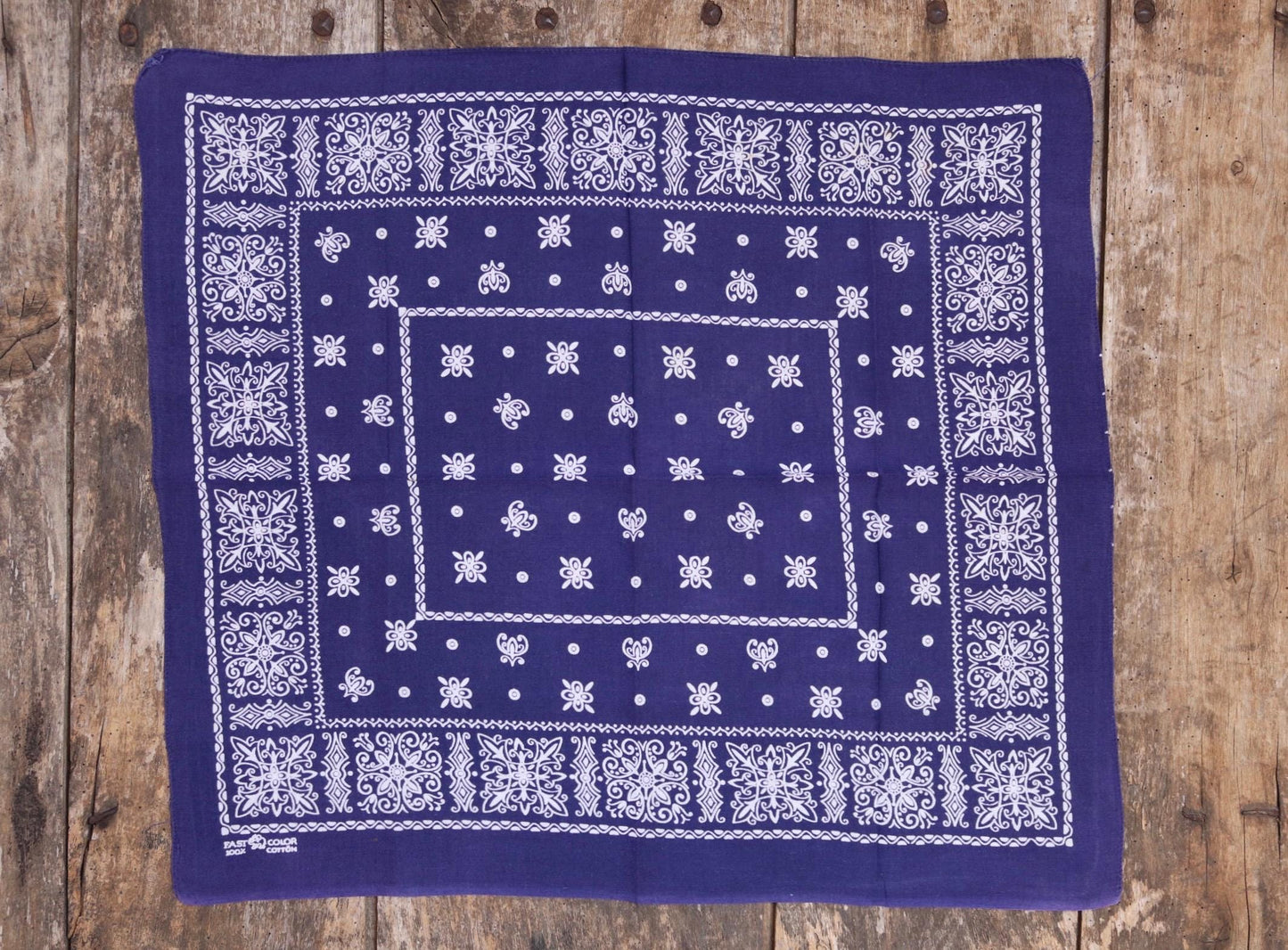 Vintage 1960s indigo workwear bandana - blue cotton neckerchief - Davis and Catterall Elephant - squash blossom print