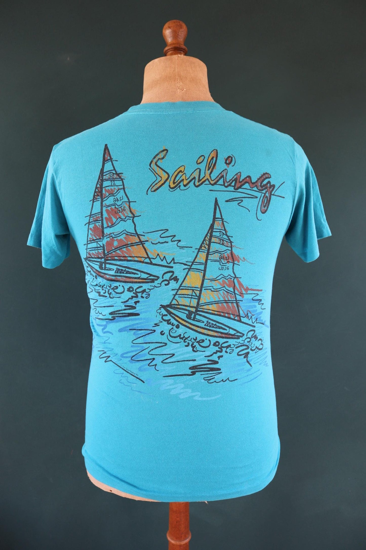 Vintage 1990s sailing t shirt - boat print - turquoise blue - 35” chest