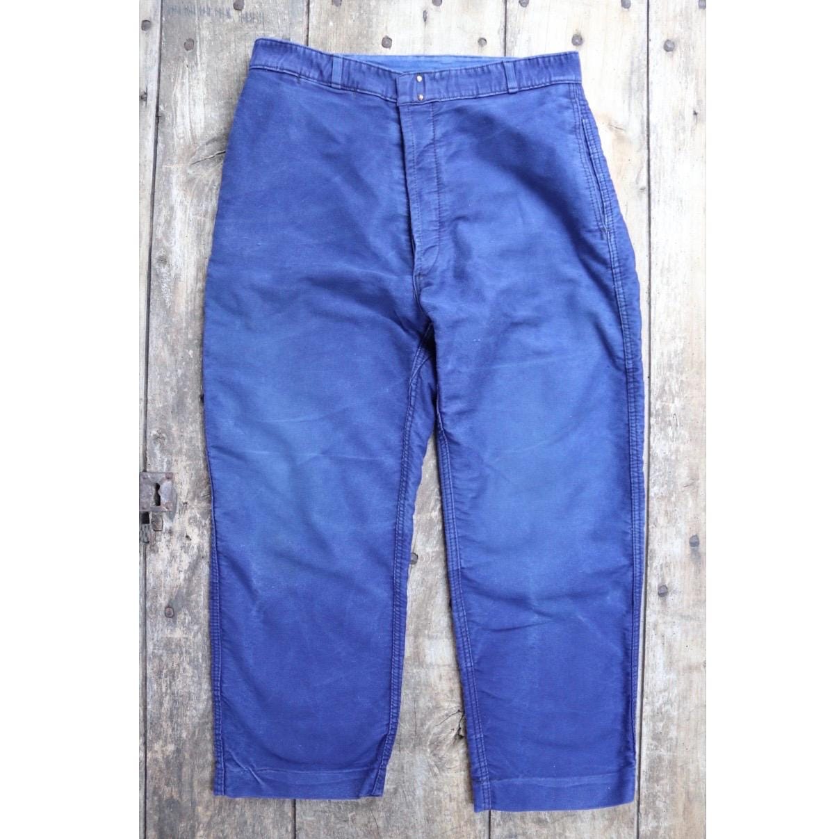 Vintage 1960s 70s French moleskin trousers - blue cotton workwear - chore pants - Le Mont St Michel - 31” x 23”
