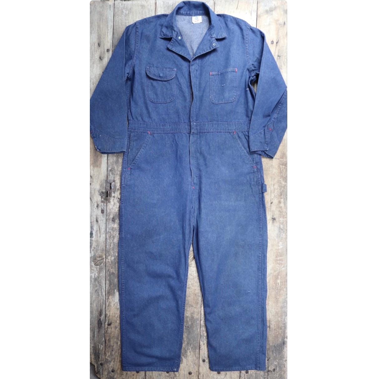 Vintage 1970s 80s workwear coveralls - Wrangler overalls - blue denim chore - 50” x 42” x 29” - mechanic boiler suit