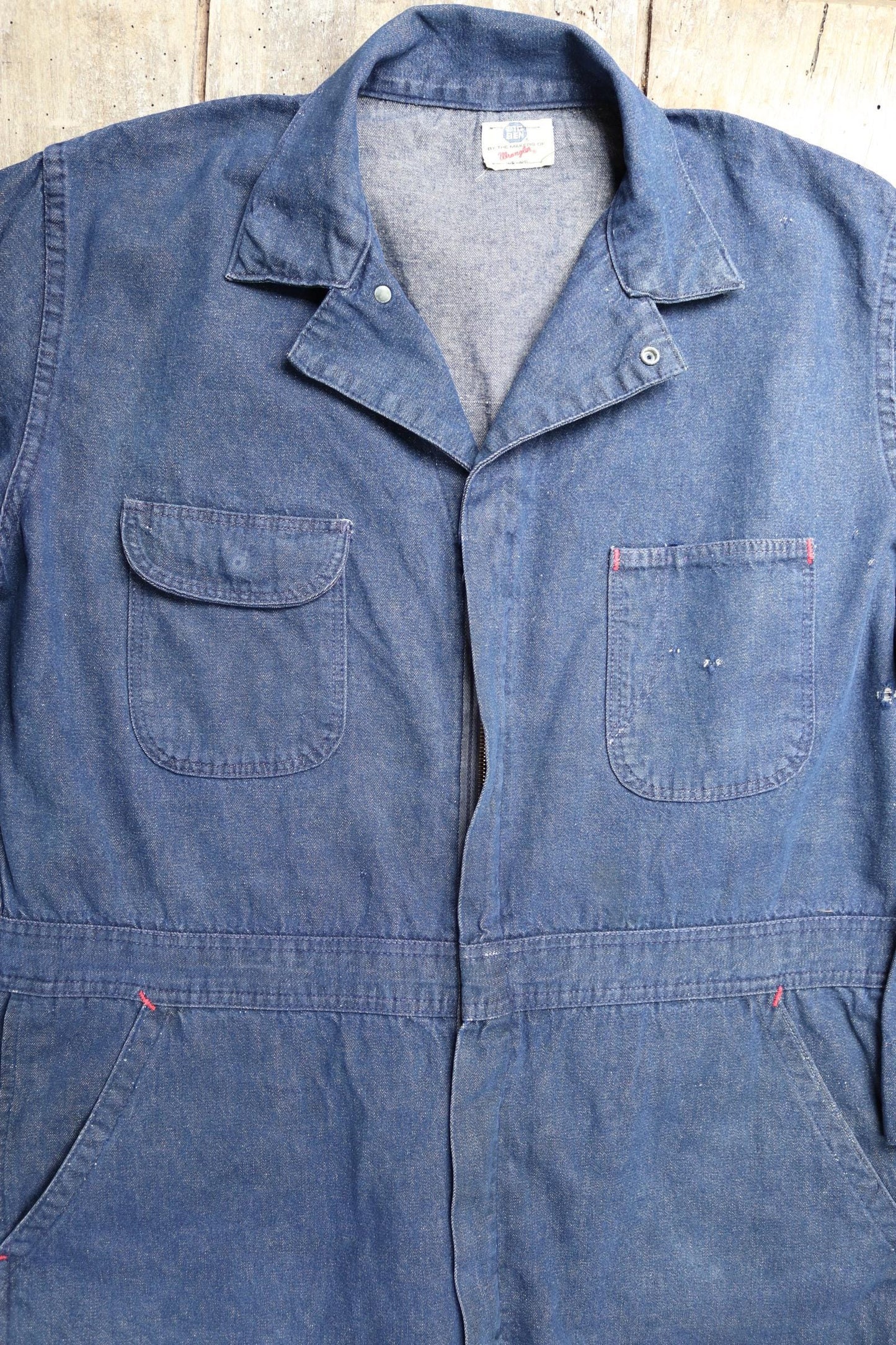 Vintage 1970s 80s workwear coveralls - Wrangler overalls - blue denim chore - 50” x 42” x 29” - mechanic boiler suit