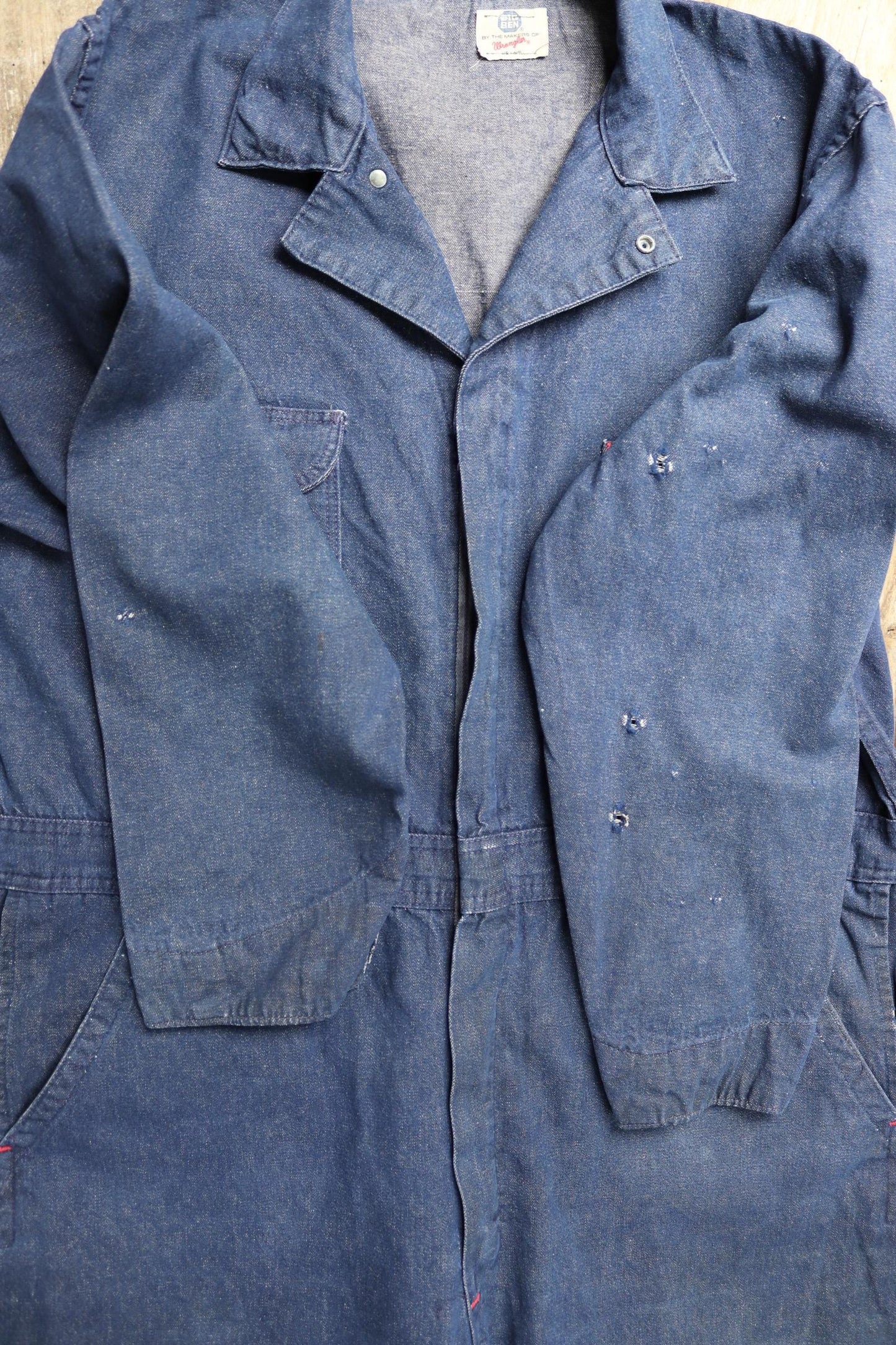 Vintage 1970s 80s workwear coveralls - Wrangler overalls - blue denim chore - 50” x 42” x 29” - mechanic boiler suit