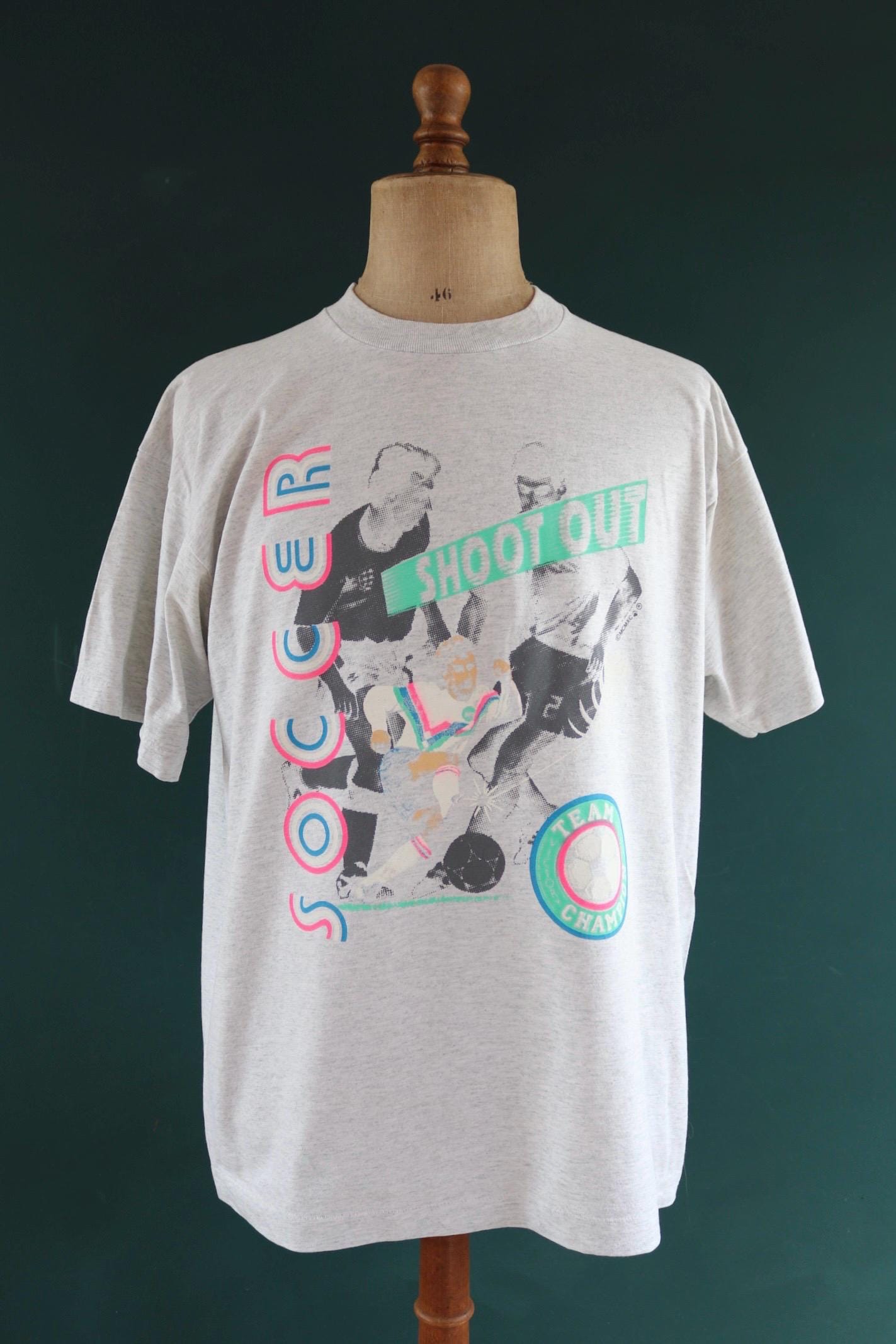 Vintage 1990s soccer print t shirt - neon football design - 47” chest