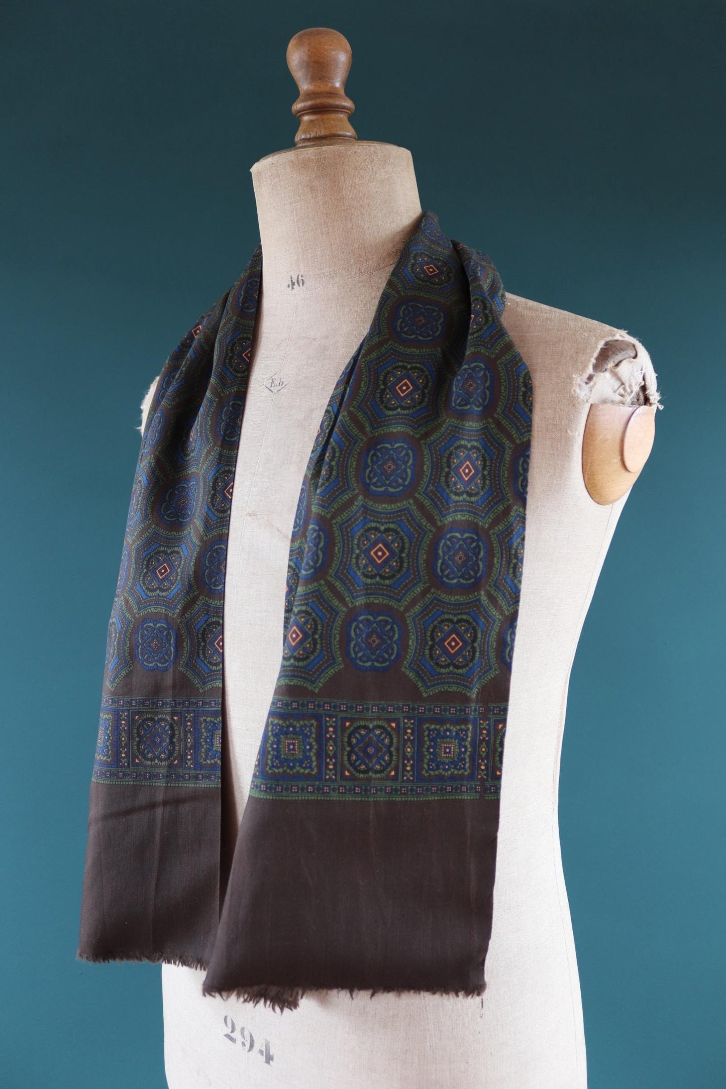 Vintage mens neck scarf - Italian wool and silk - brown blue and green - Goodwood festival - wedding attire