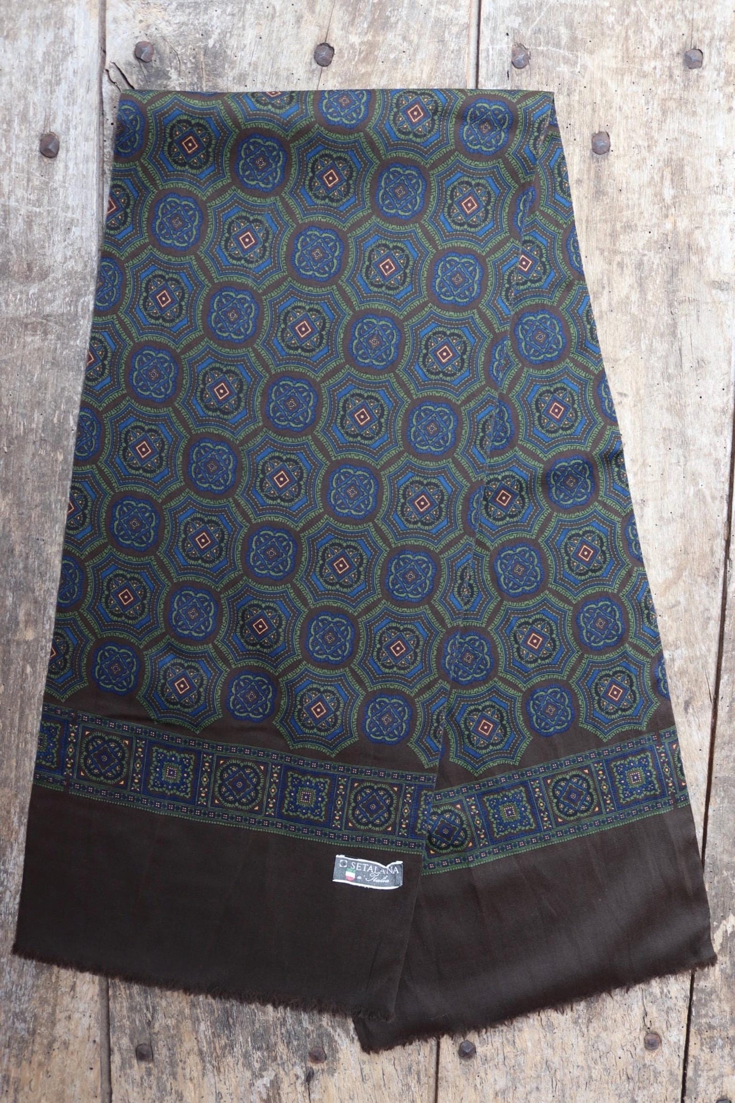 Vintage mens neck scarf - Italian wool and silk - brown blue and green - Goodwood festival - wedding attire