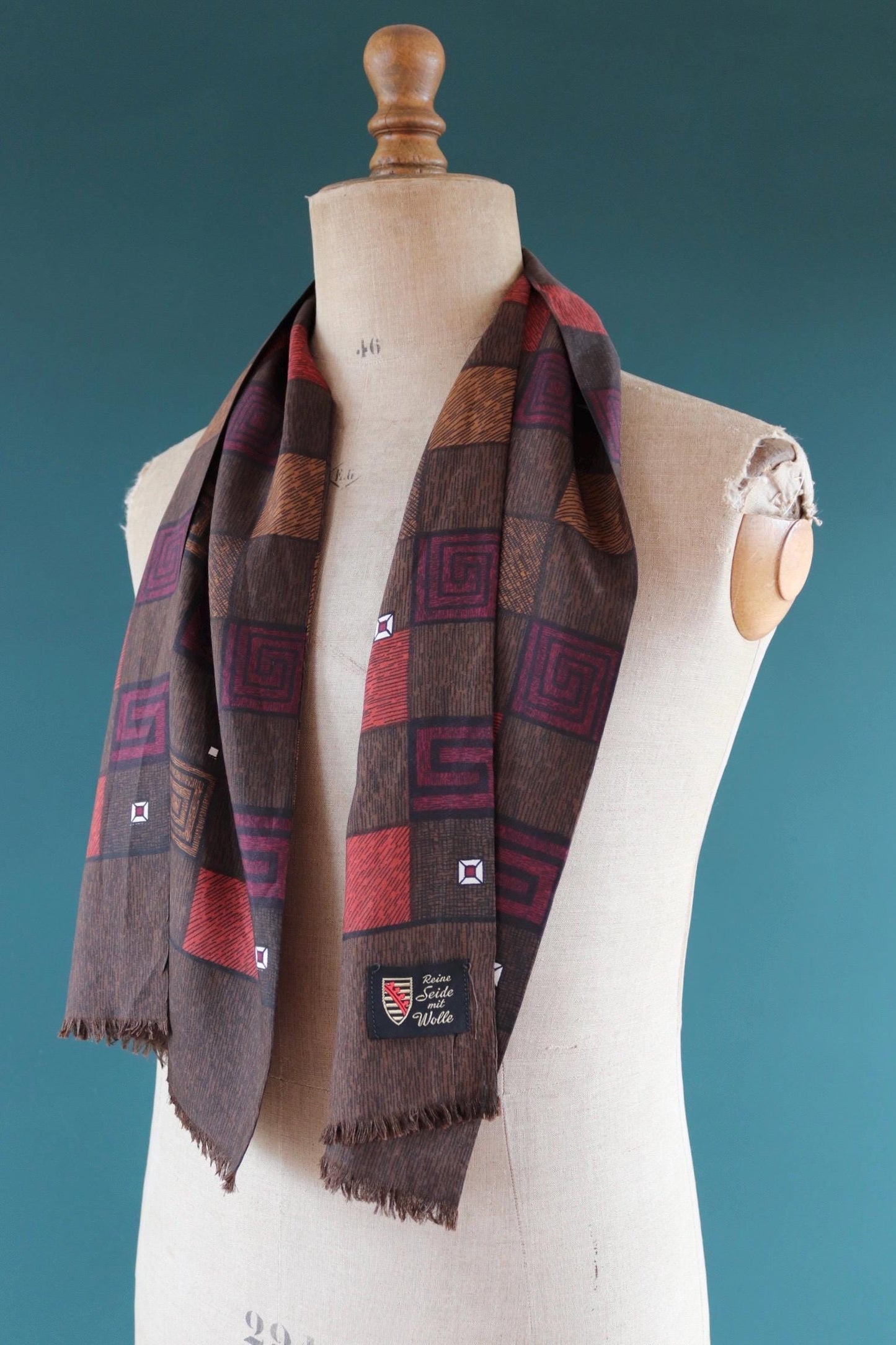 Vintage mens neck scarf - wool and silk - brown and burgundy - Goodwood festival - wedding attire
