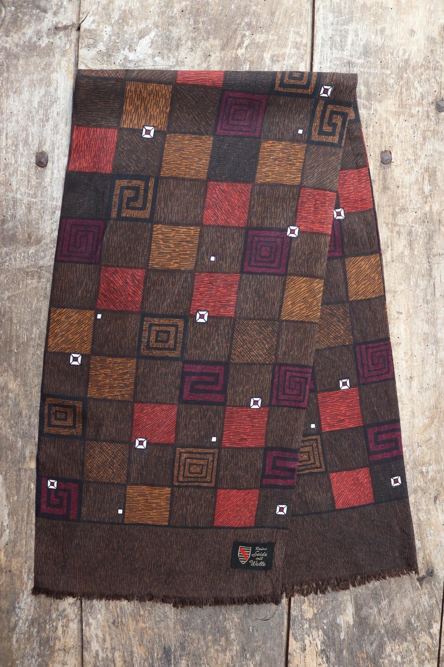 Vintage mens neck scarf - wool and silk - brown and burgundy - Goodwood festival - wedding attire