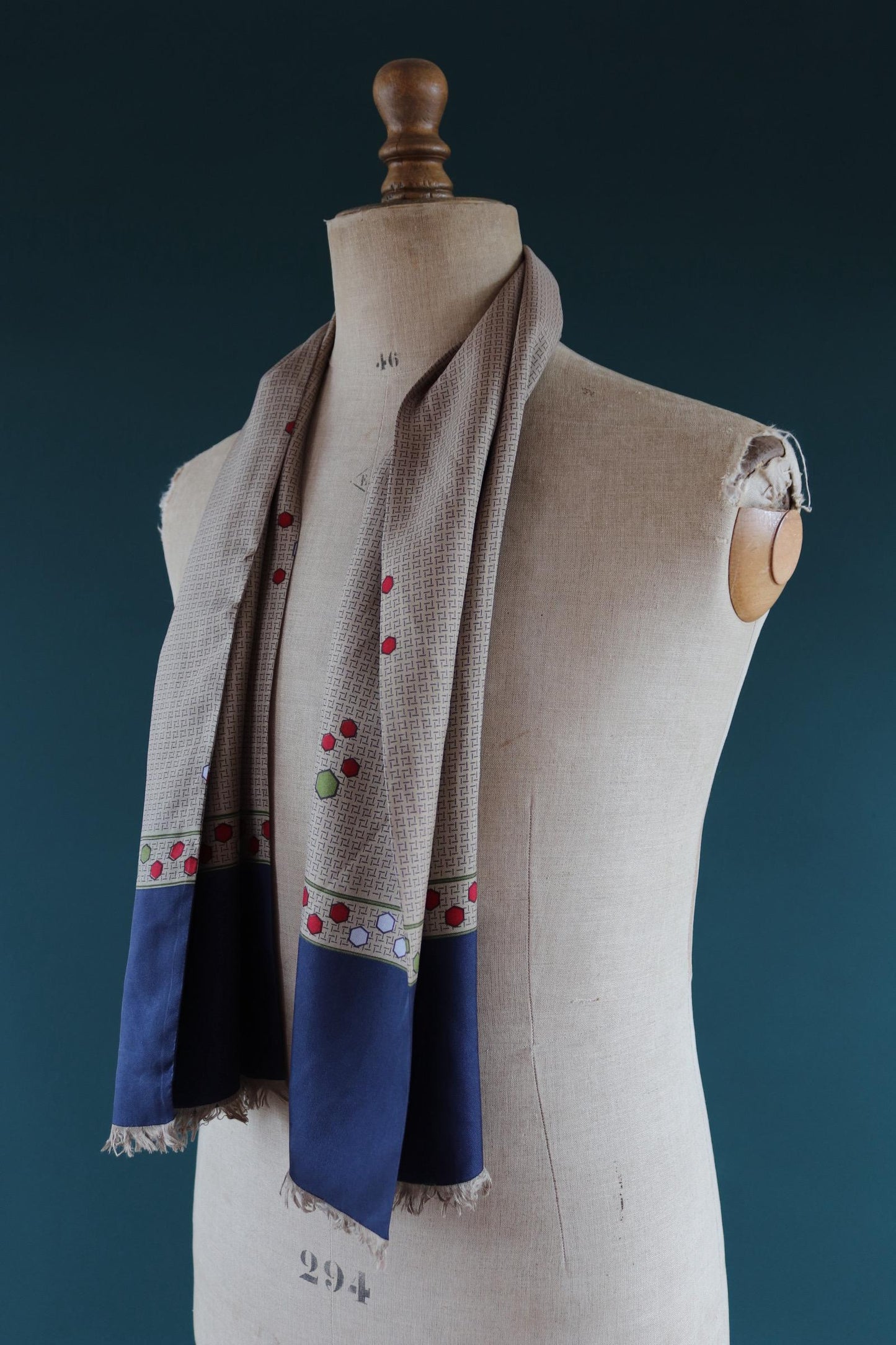 Vintage mens neck scarf - taupe and navy blue - mod style - Goodwood festival - wedding attire