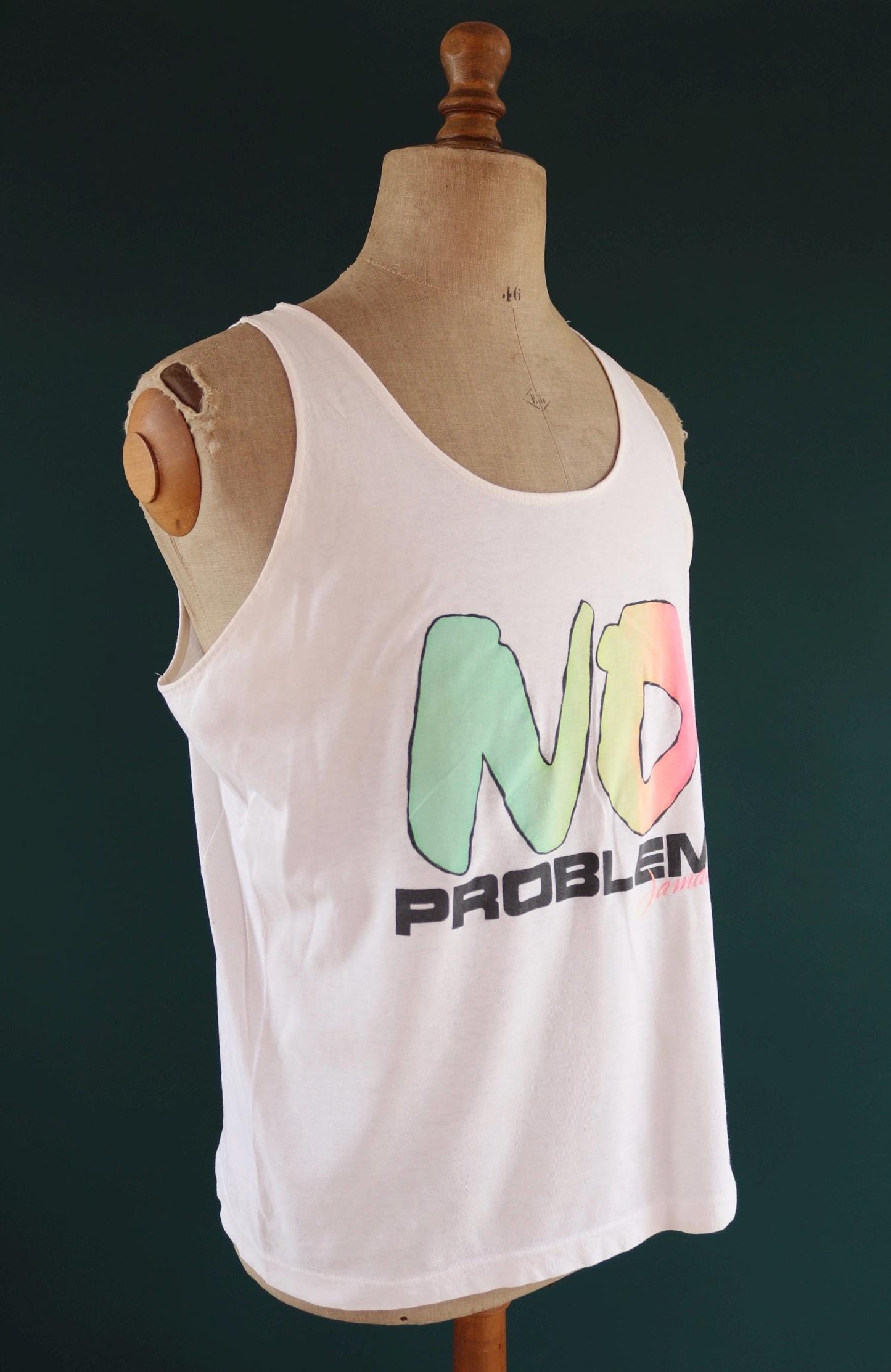 Vintage 1990s Jamaica faded neon vest - No Problem - surf style for beach or gym - singlet t shirt - 43” chest