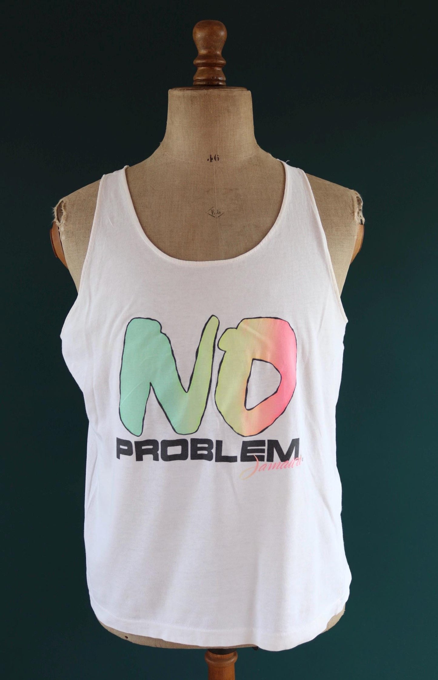 Vintage 1990s Jamaica faded neon vest - No Problem - surf style for beach or gym - singlet t shirt - 43” chest