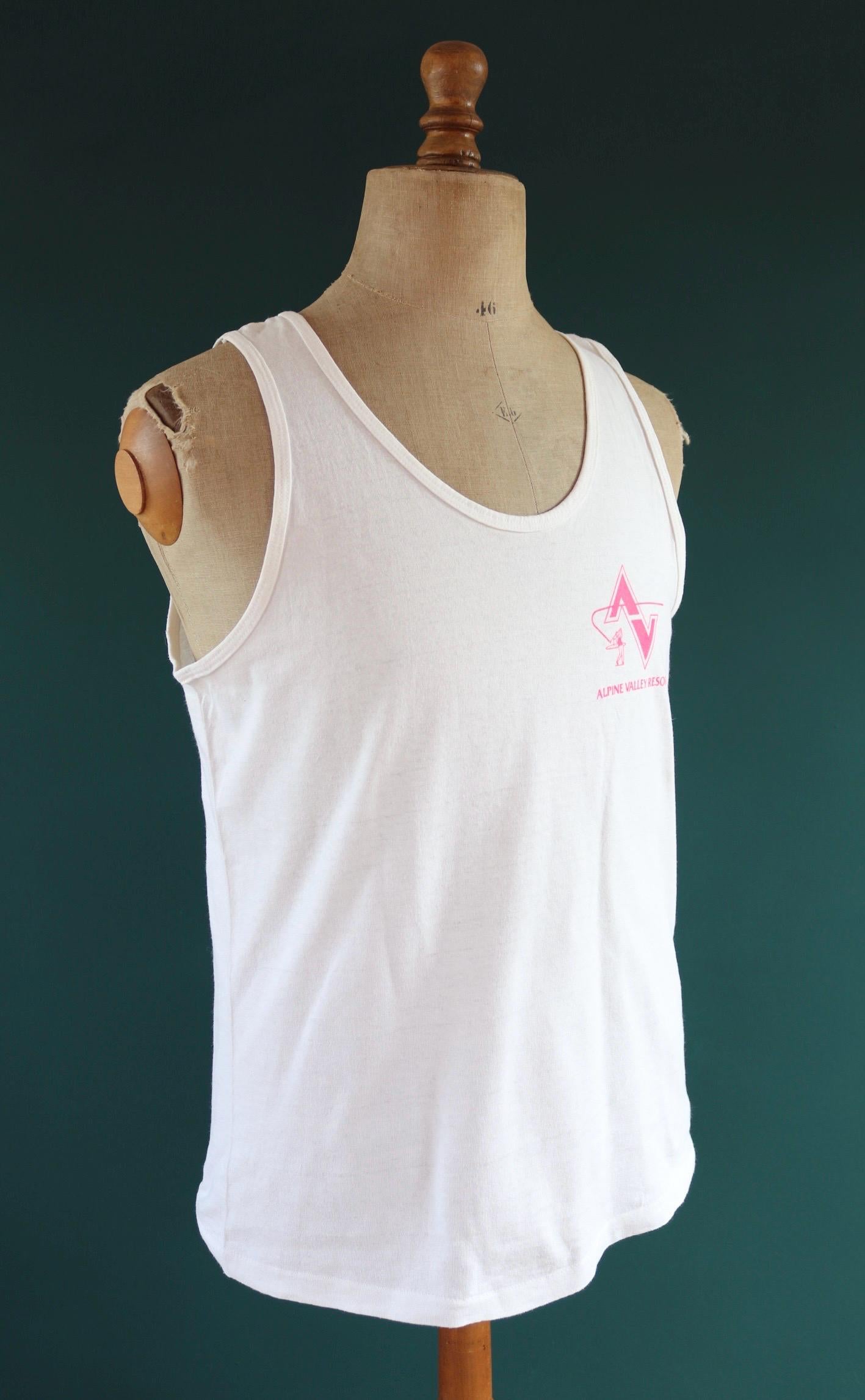 Vintage 1990s white and neon vest - Alpine golf resort - surf style for beach or gym - singlet t shirt - 40” chest