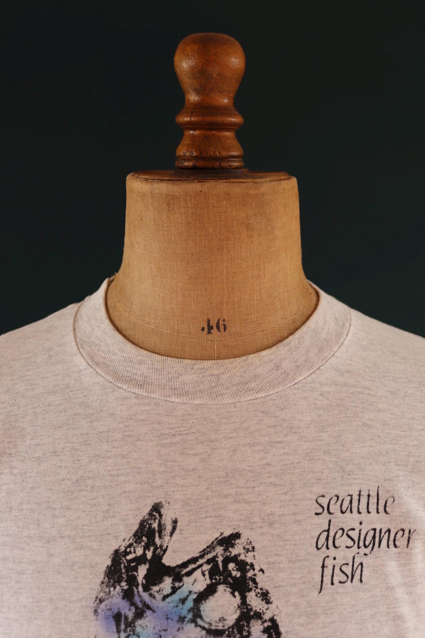 Vintage 1990s Seattle t shirt - designer fish - neon print - grey marl - 42” chest