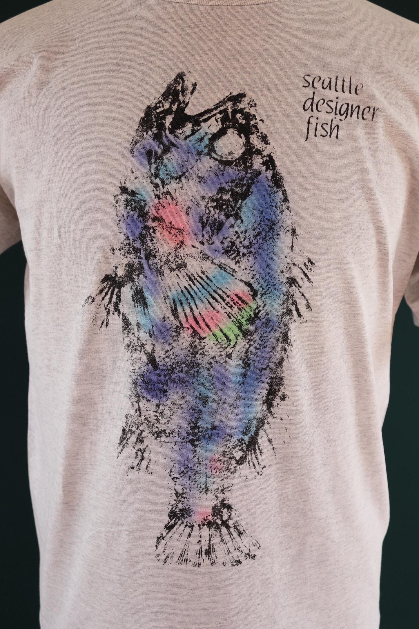 Vintage 1990s Seattle t shirt - designer fish - neon print - grey marl - 42” chest