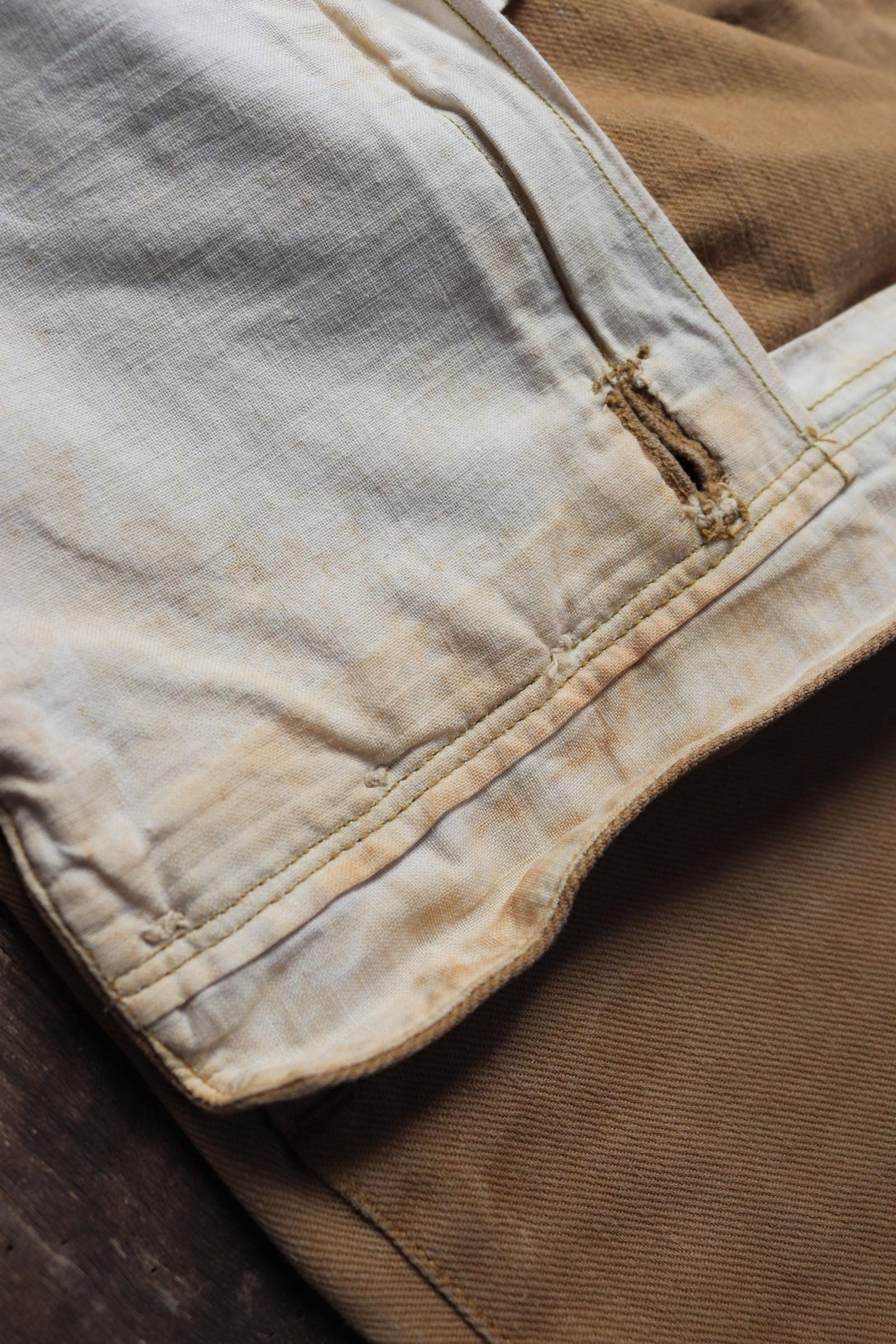 Vintage 1900s 10s French cotton trousers - antique military pants - 38” x 30” - fishtail v notch - buckle back