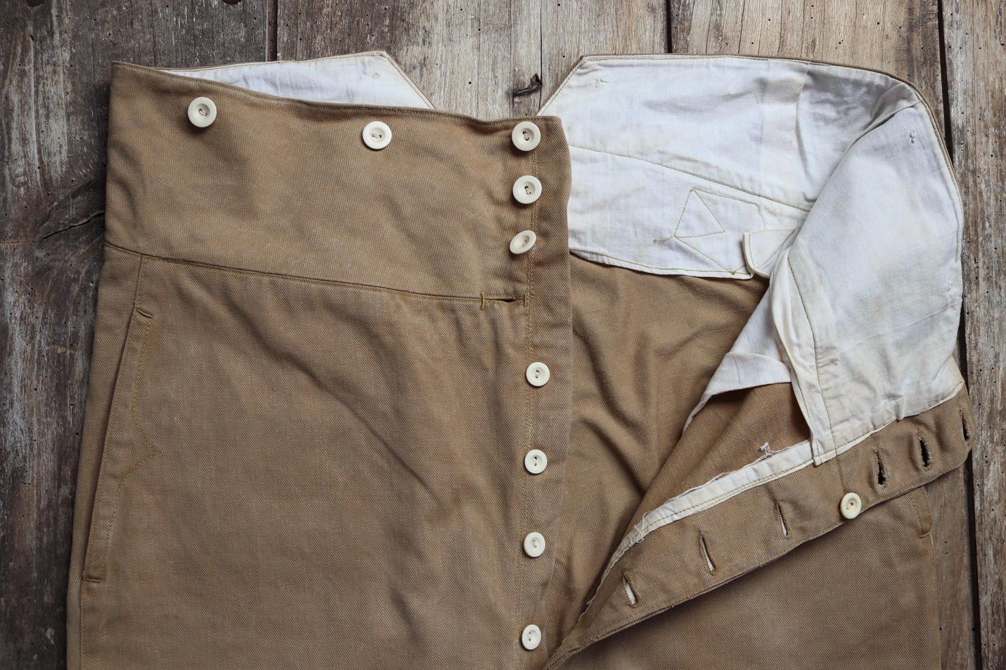 Vintage 1900s 10s French cotton trousers - antique military pants - 38” x 30” - fishtail v notch - buckle back