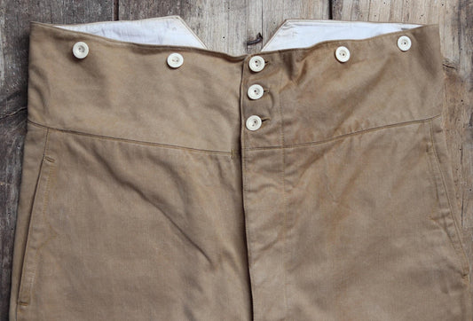 Vintage 1900s 10s French cotton trousers - antique military pants - 38” x 30” - fishtail v notch - buckle back