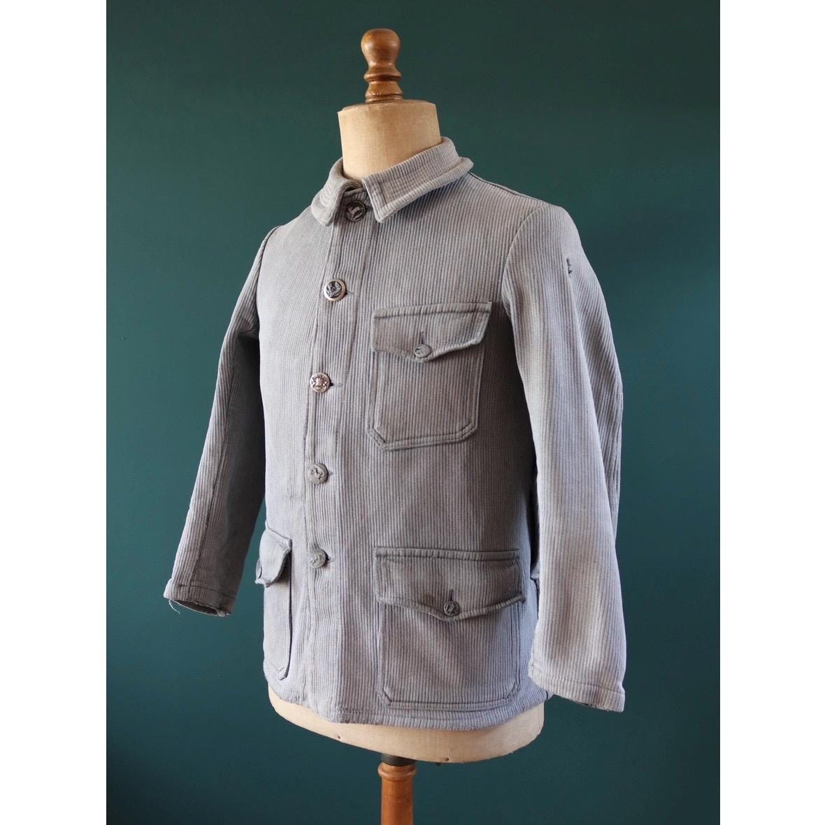 Vintage 1960s French hunting jacket - velours cotele workwear - coutil pique - 40” chest - venery animal scene buttons