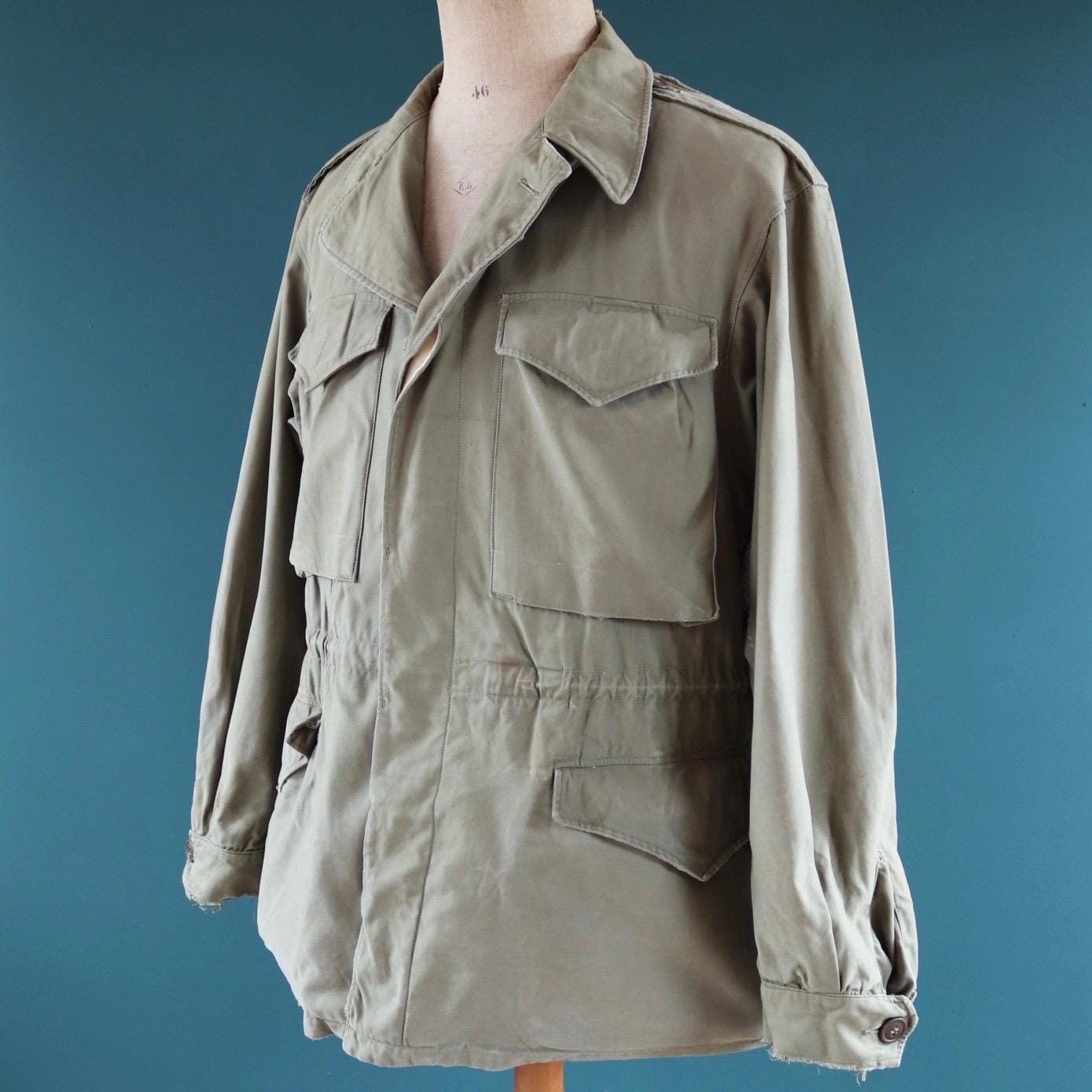 Vintage 1940s US army field jacket - WW2 M43 - green sateen cotton - 46” chest