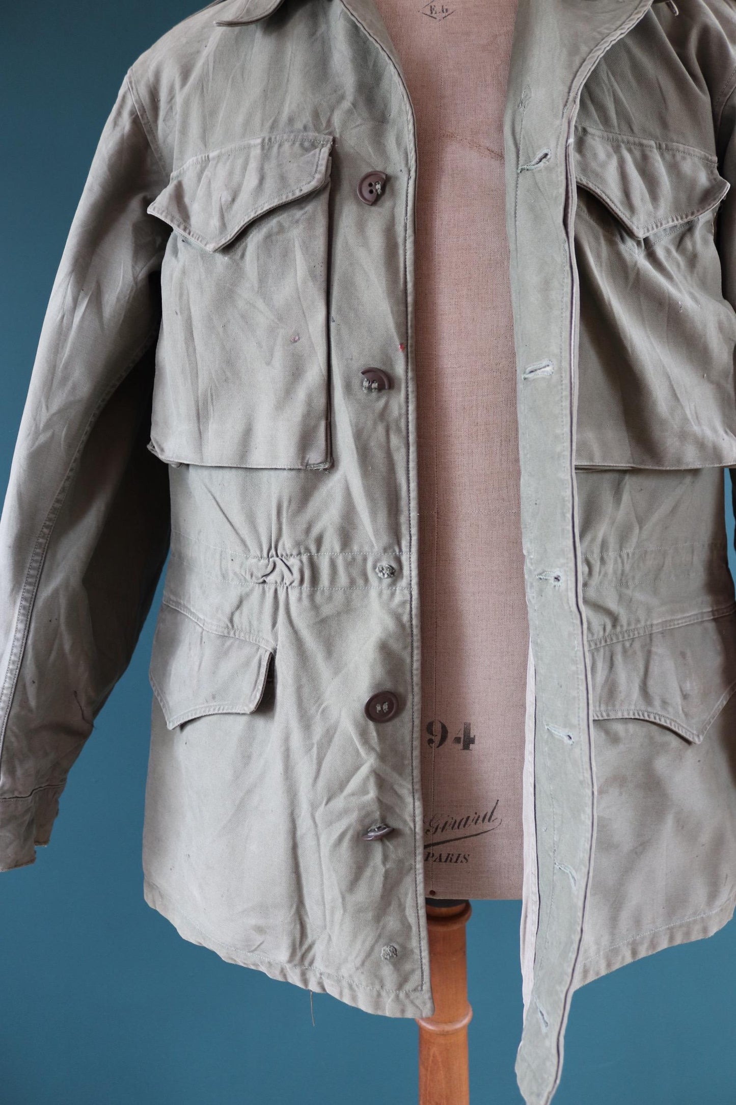Vintage 1940s US army field jacket - WW2 M43 - green sateen cotton - 43” chest