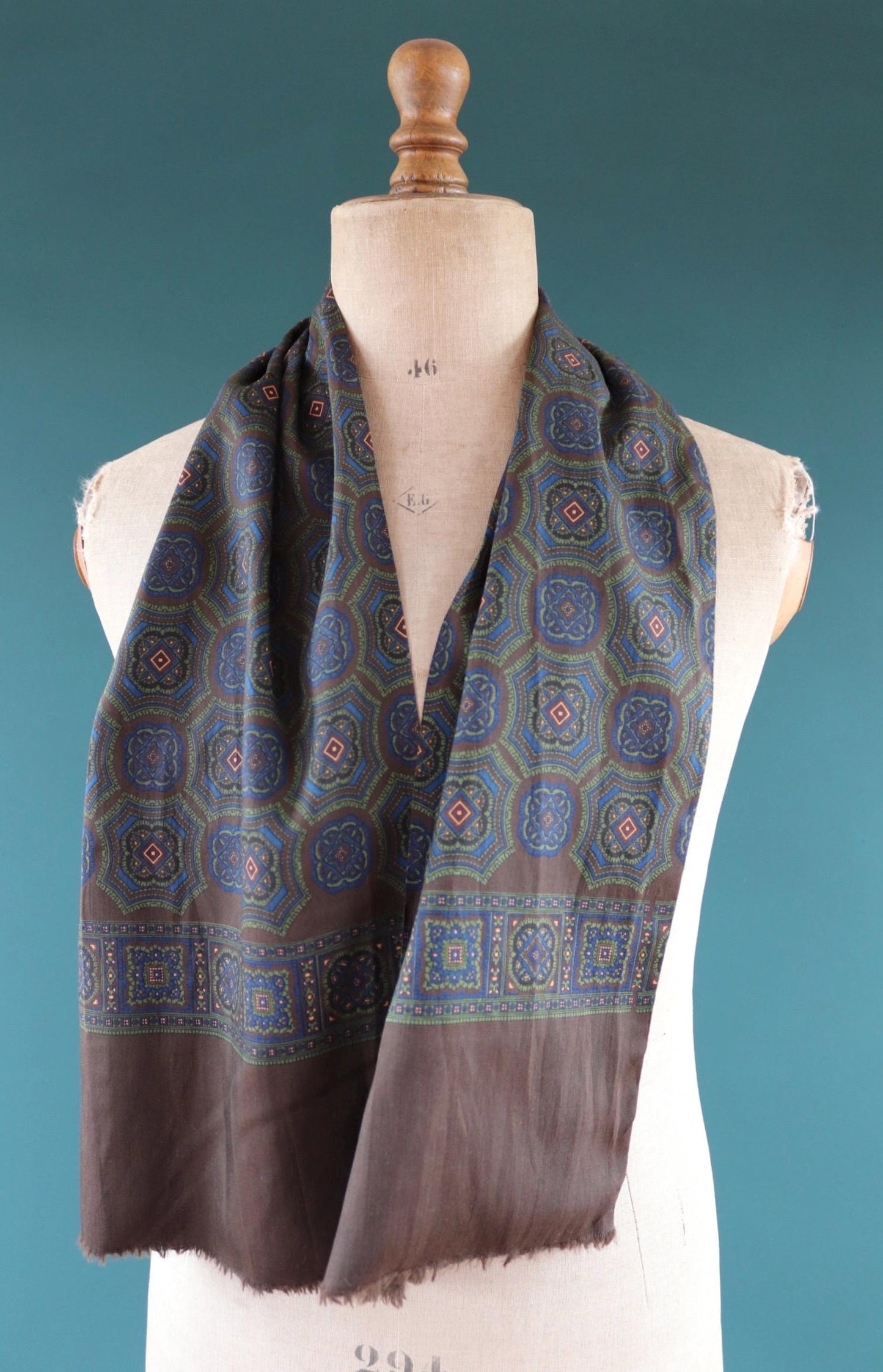 Vintage mens neck scarf - Italian wool and silk - brown blue and green - Goodwood festival - wedding attire