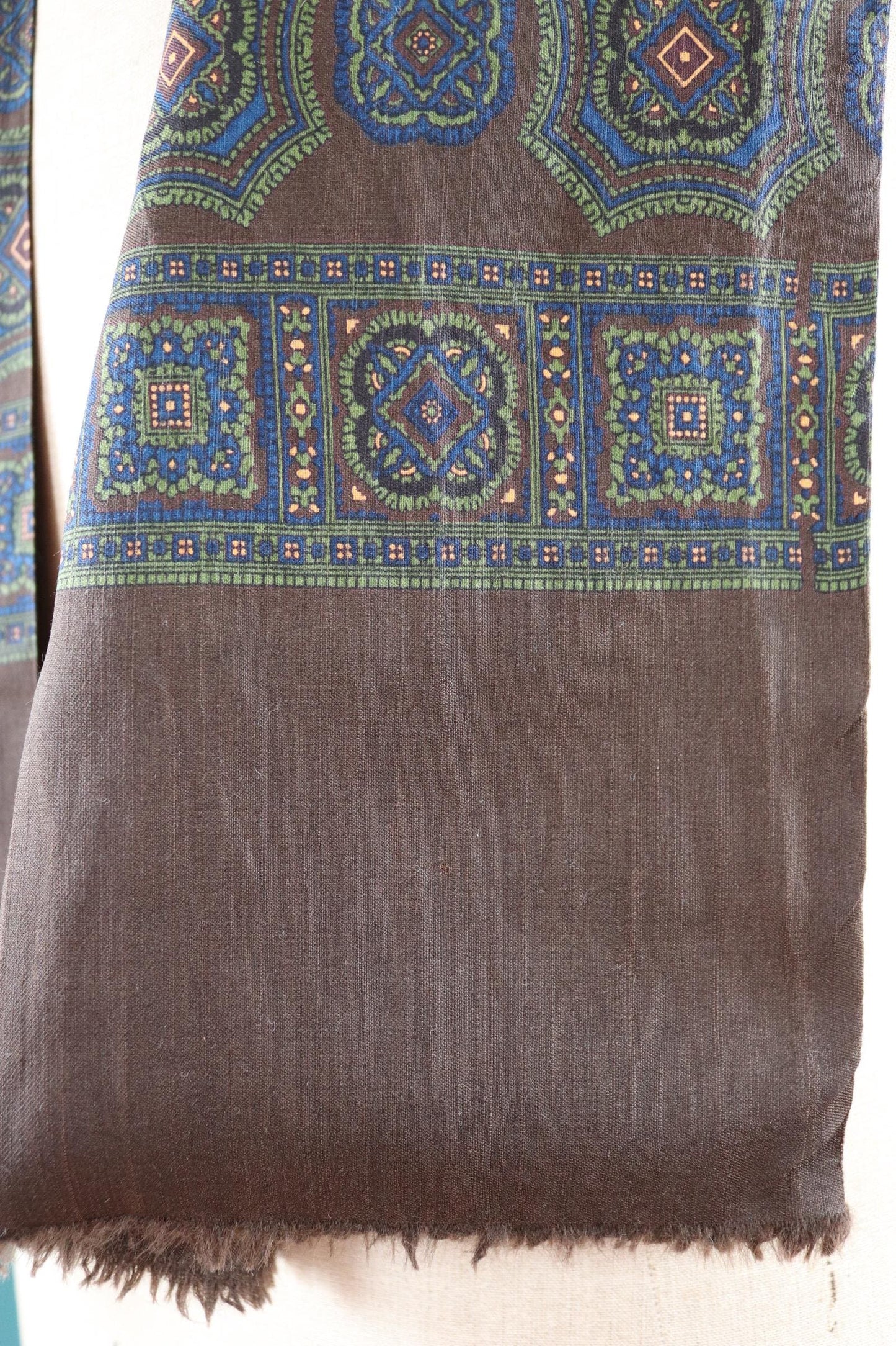 Vintage mens neck scarf - Italian wool and silk - brown blue and green - Goodwood festival - wedding attire