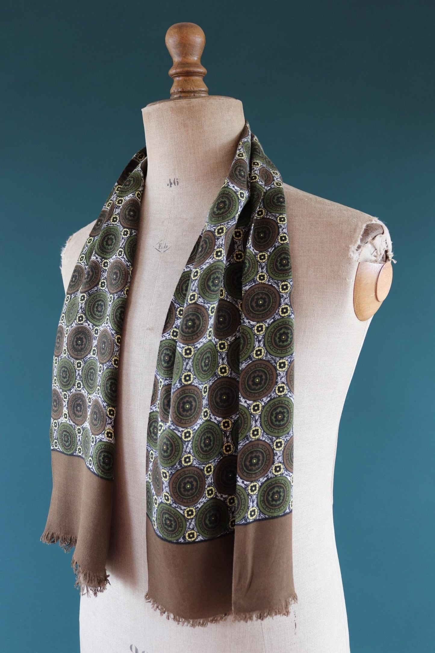 Vintage mens neck scarf - wool and silk - brown and green - Goodwood festival - wedding attire