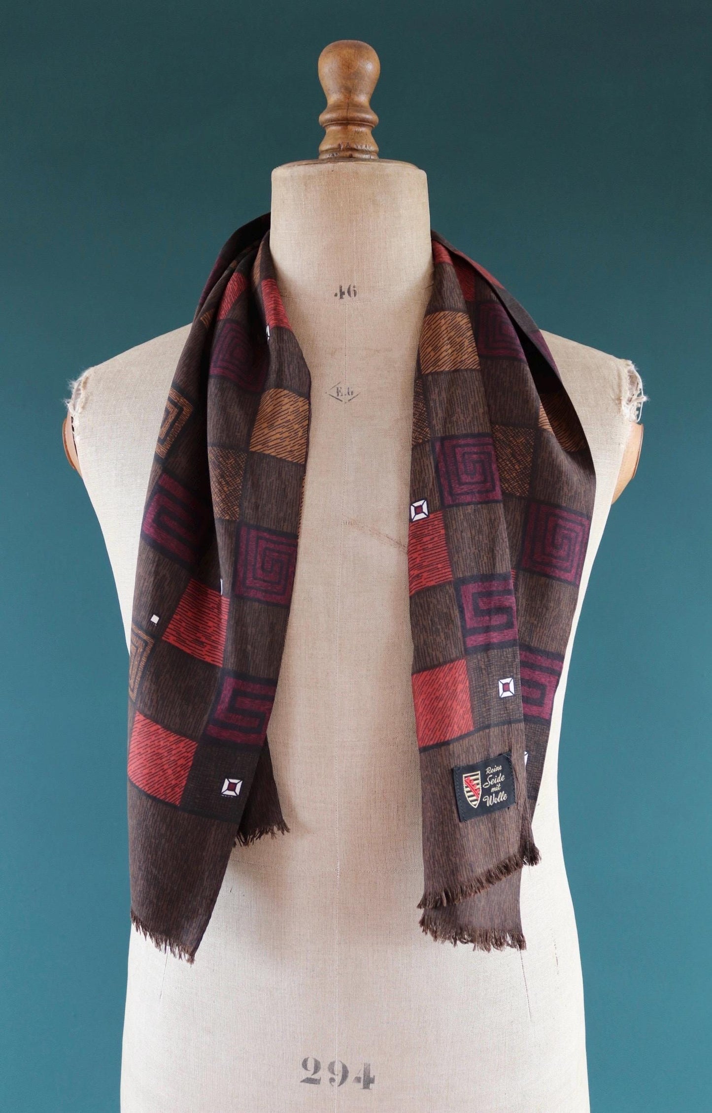 Vintage mens neck scarf - wool and silk - brown and burgundy - Goodwood festival - wedding attire