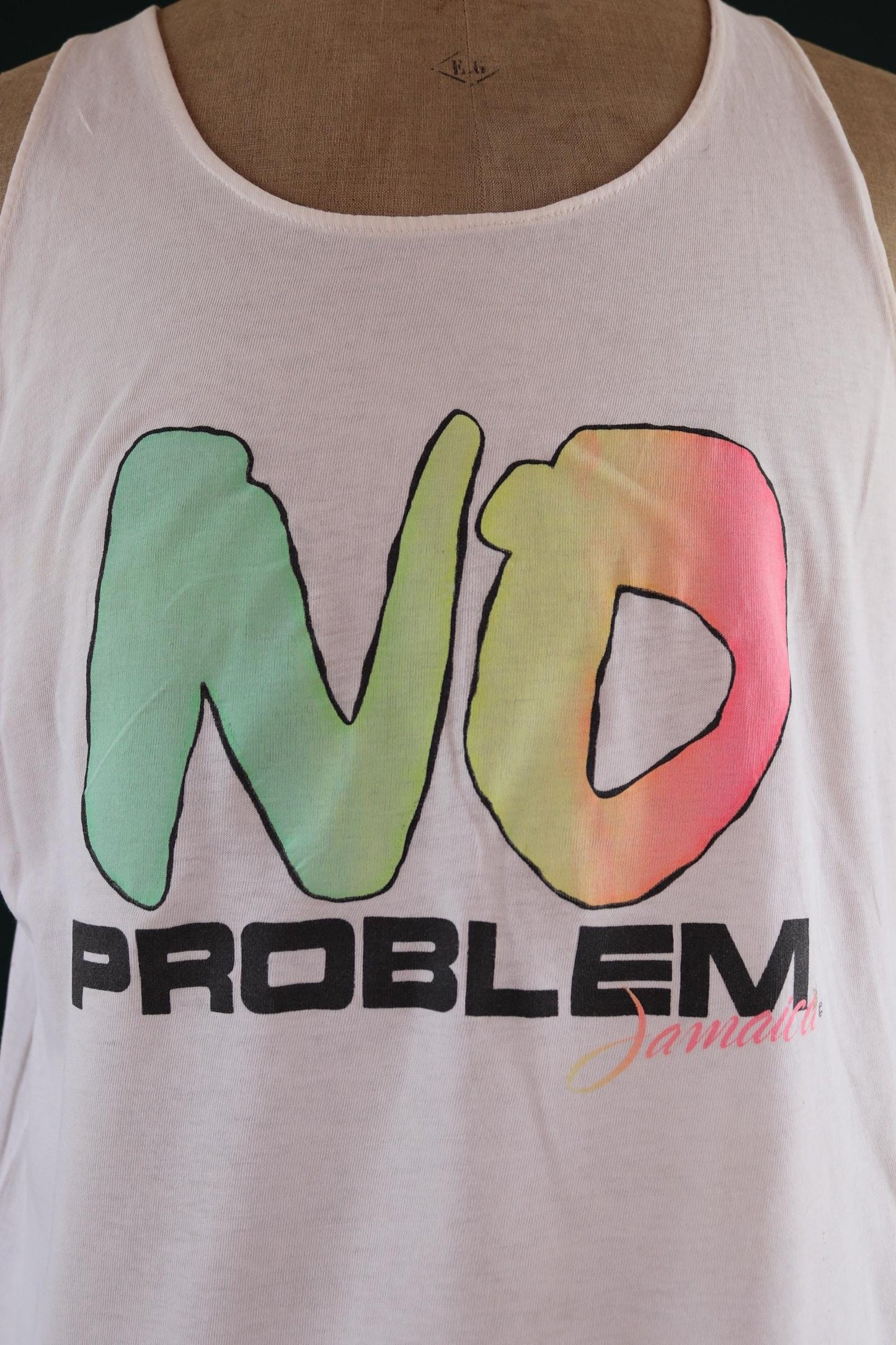 Vintage 1990s Jamaica faded neon vest - No Problem - surf style for beach or gym - singlet t shirt - 43” chest