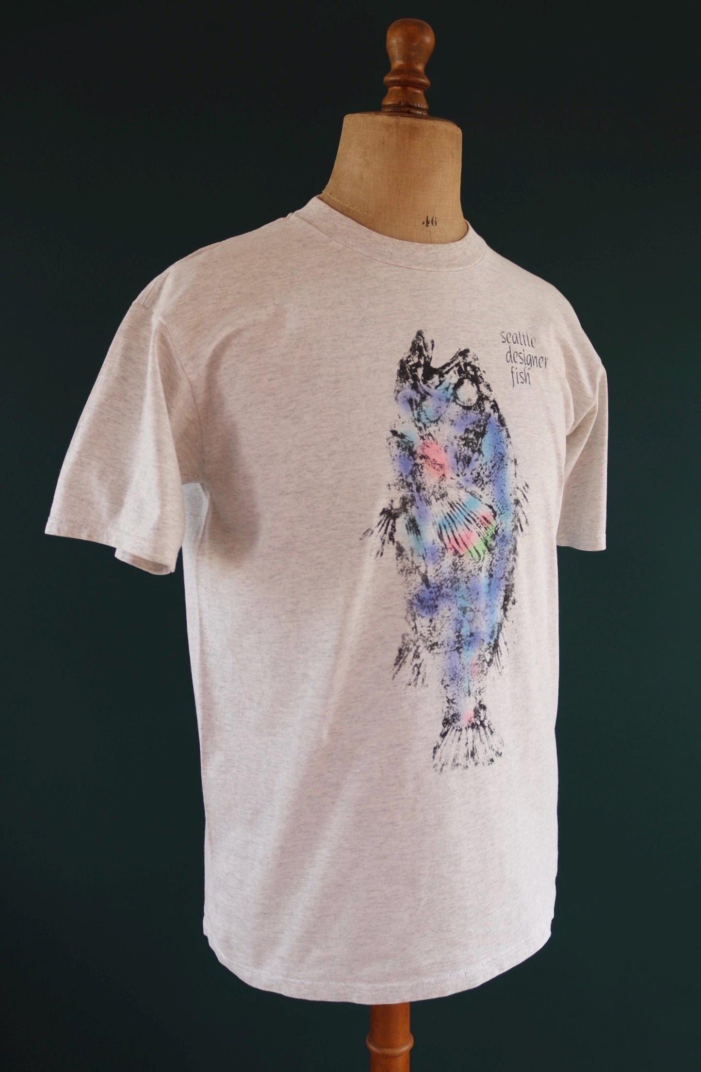 Vintage 1990s Seattle t shirt - designer fish - neon print - grey marl - 42” chest