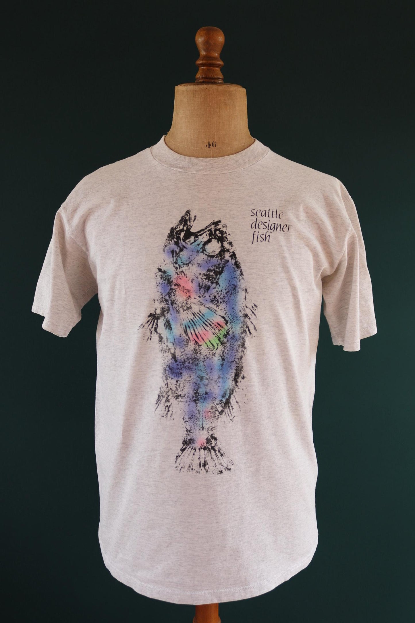 Vintage 1990s Seattle t shirt - designer fish - neon print - grey marl - 42” chest