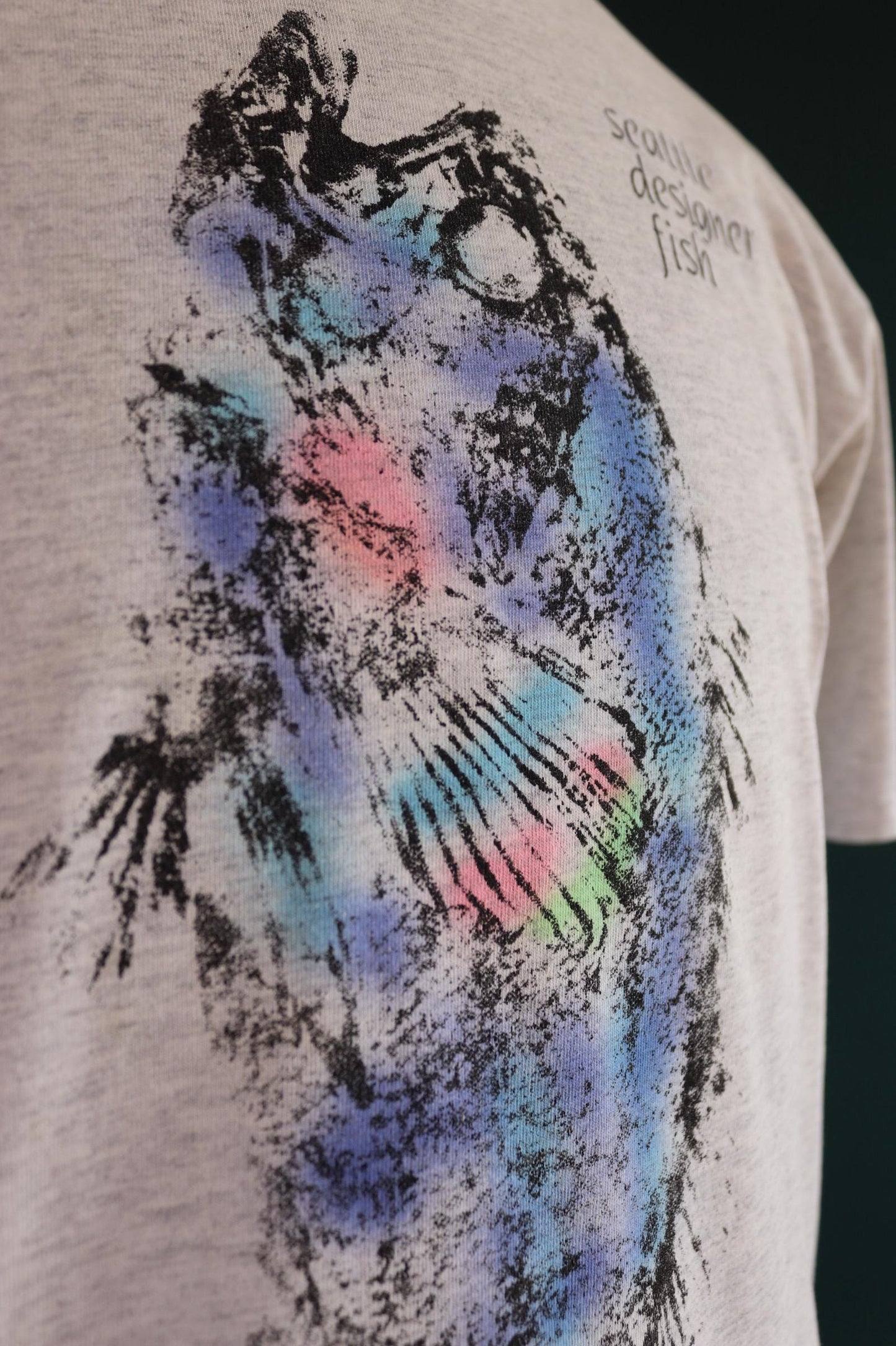 Vintage 1990s Seattle t shirt - designer fish - neon print - grey marl - 42” chest