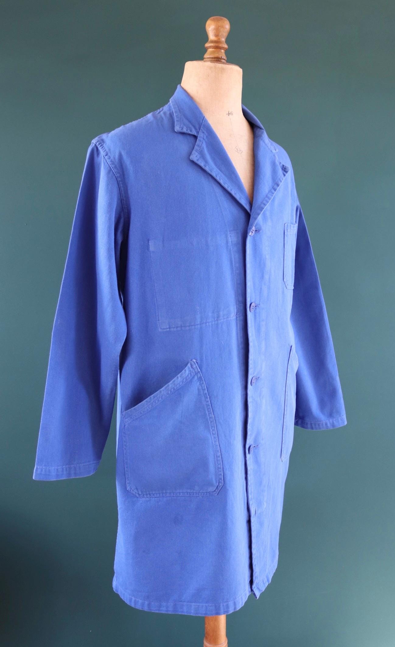 Vintage 1970s French long chore coat - workwear jacket - 49” chest - bleu de travail - cotton twill overalls - back belt