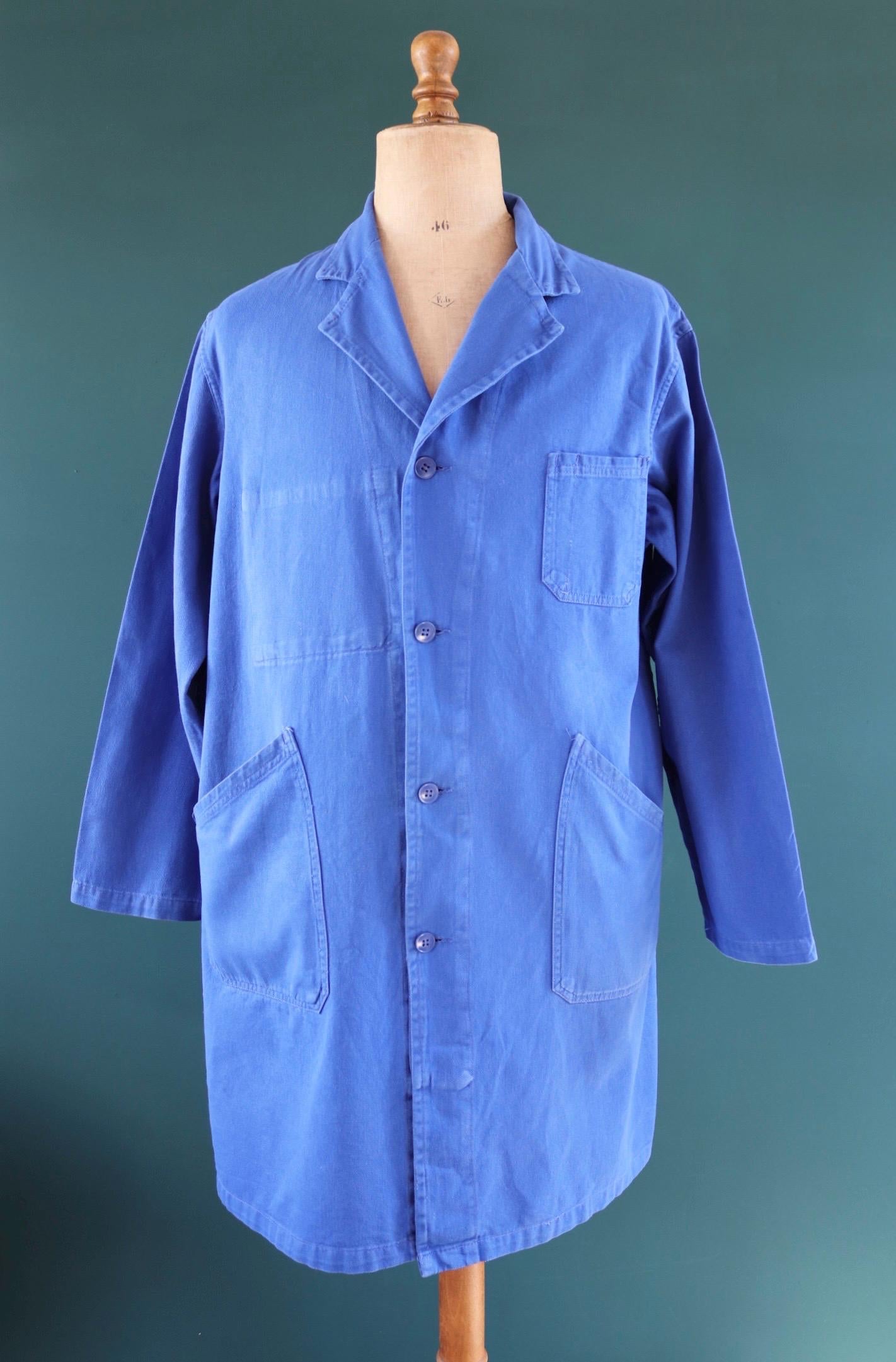 Vintage 1970s French long chore coat - workwear jacket - 49” chest - bleu de travail - cotton twill overalls - back belt