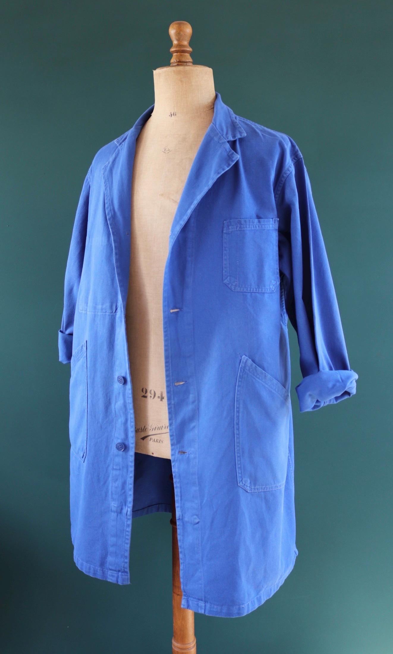 Vintage 1970s French long chore coat - workwear jacket - 49” chest - bleu de travail - cotton twill overalls - back belt