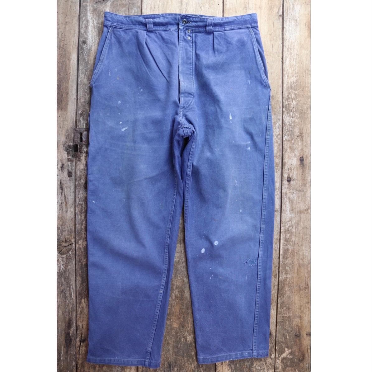 Vintage French workwear trousers - blue cotton twill pants - 1960s chore - 35” x 29”