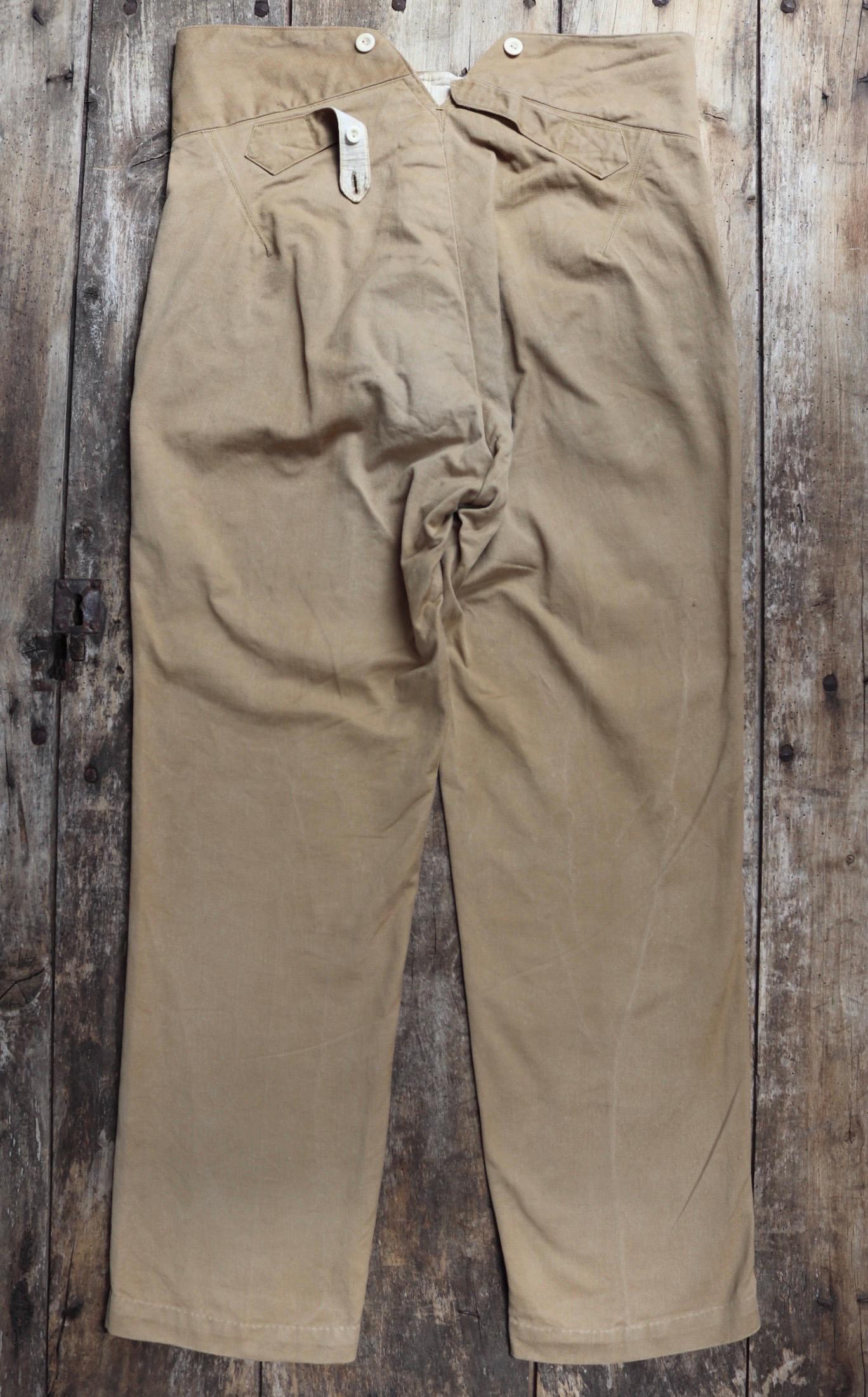 Vintage 1900s 10s French cotton trousers - antique military pants - 38” x 30” - fishtail v notch - buckle back