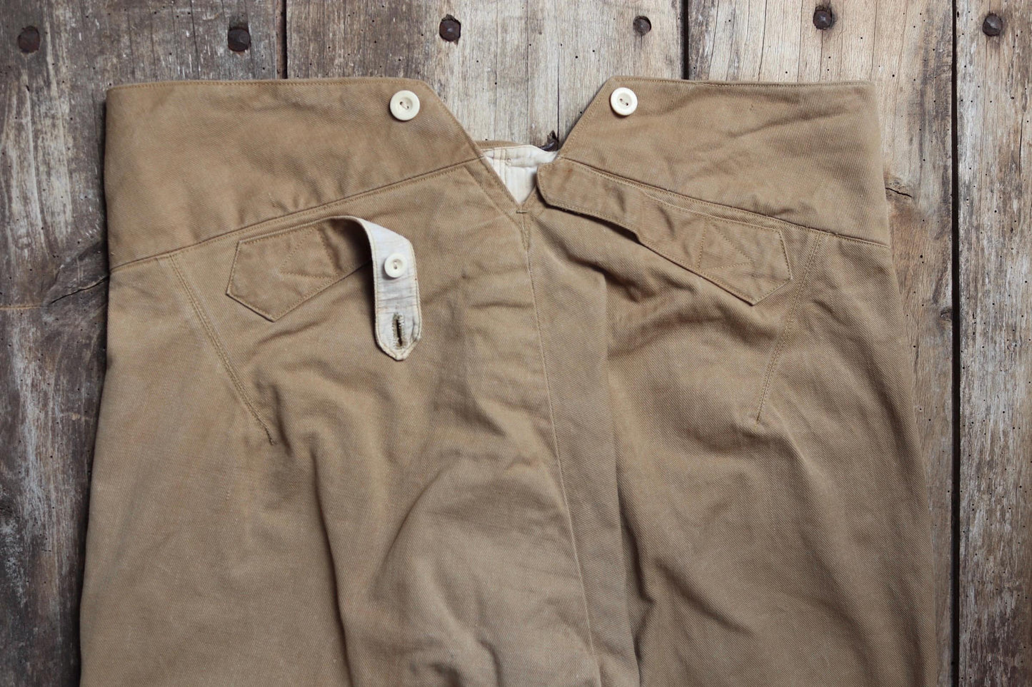 Vintage 1900s 10s French cotton trousers - antique military pants - 38” x 30” - fishtail v notch - buckle back