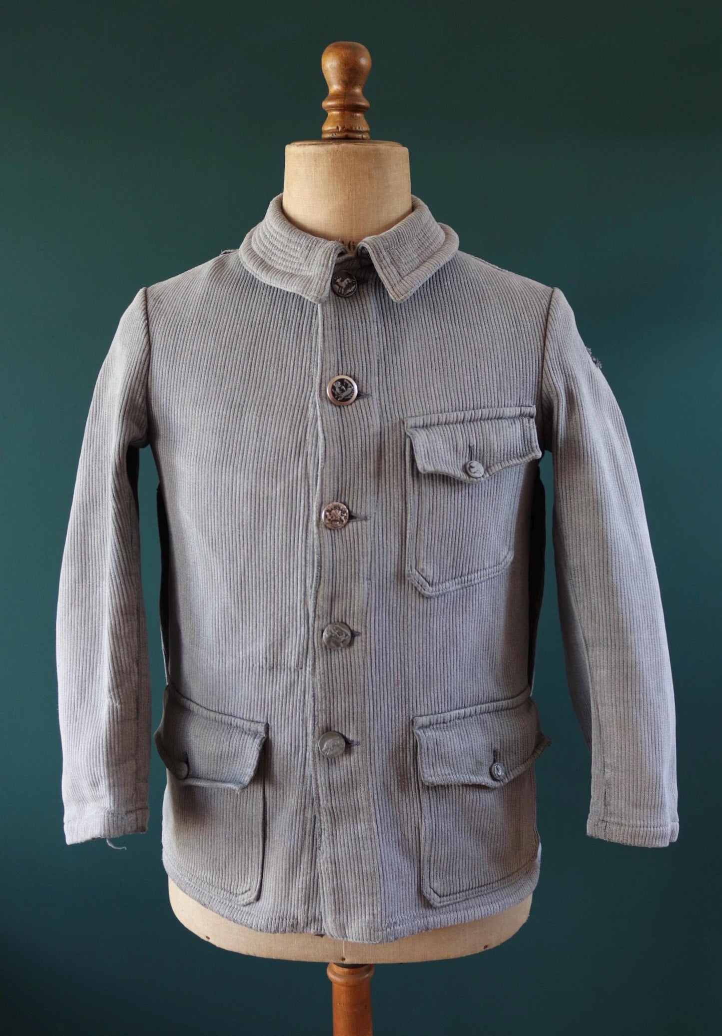 Vintage 1960s French hunting jacket - velours cotele workwear - coutil pique - 40” chest - venery animal scene buttons
