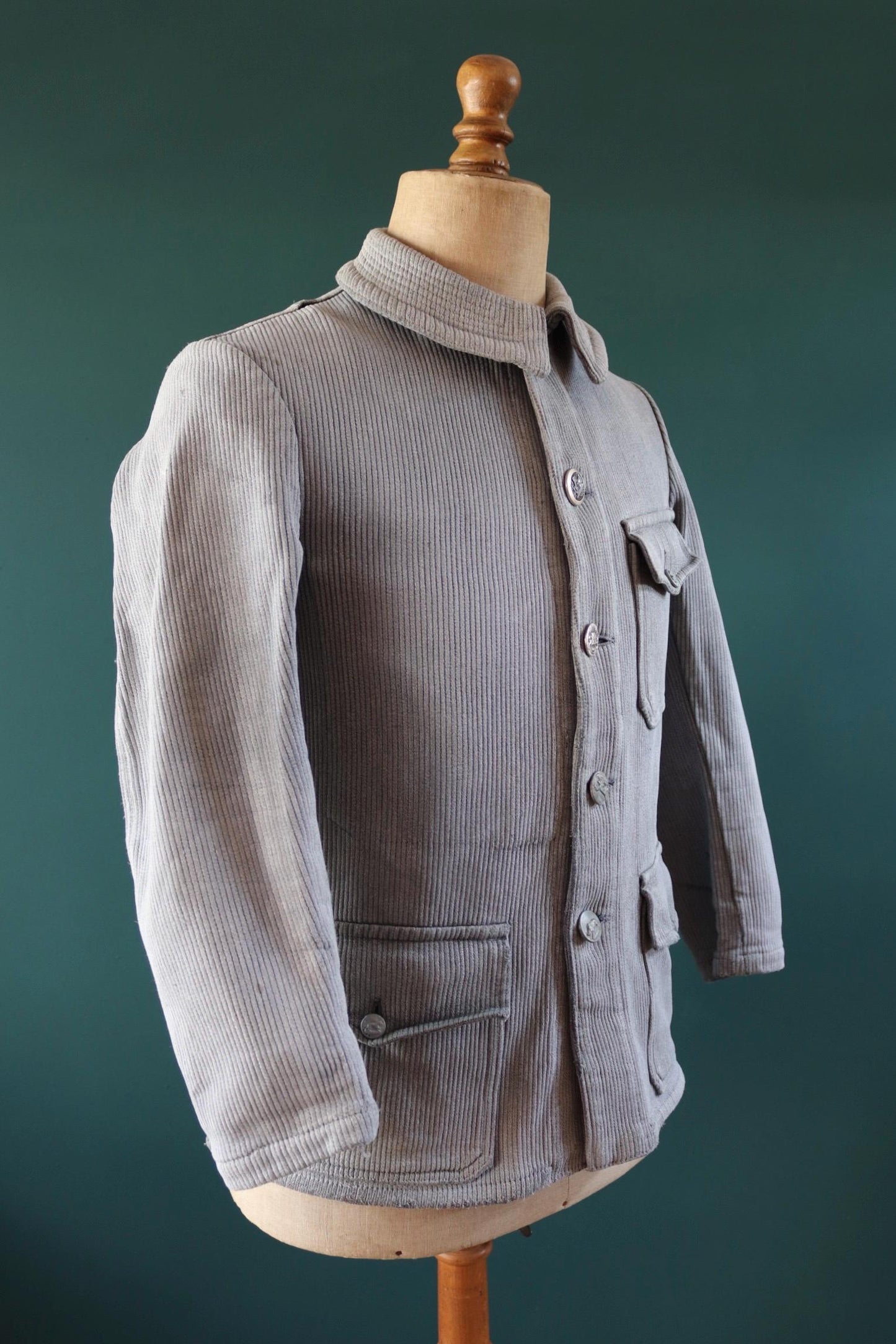 Vintage 1960s French hunting jacket - velours cotele workwear - coutil pique - 40” chest - venery animal scene buttons
