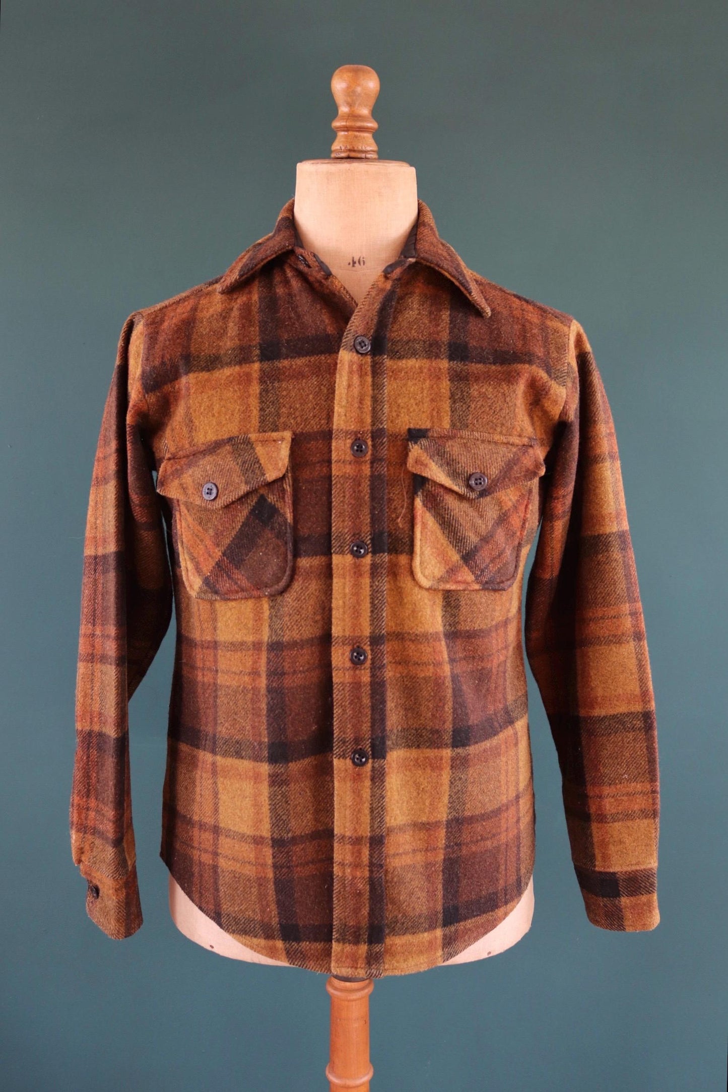 Vintage 1960s Campus plaid wool shirt - checked cpo - 43" chest - for camping, hiking, workwear
