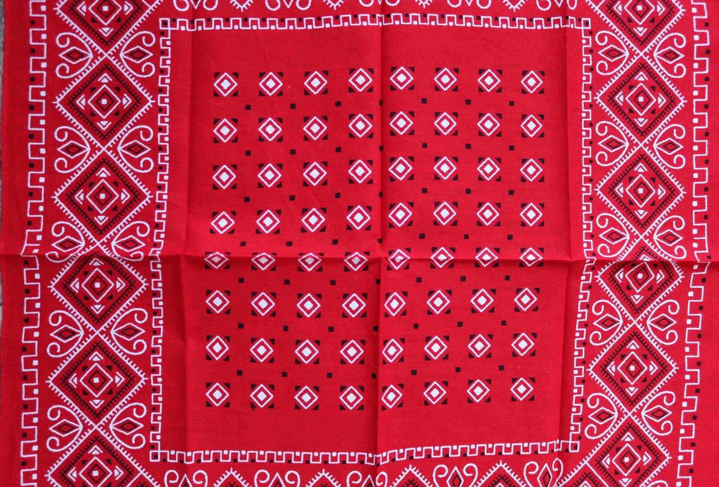Vintage 1960s red cotton bandana - trunk up Elephant brand - colourfast neckerchief - squash blossom design - Davis and Catterall