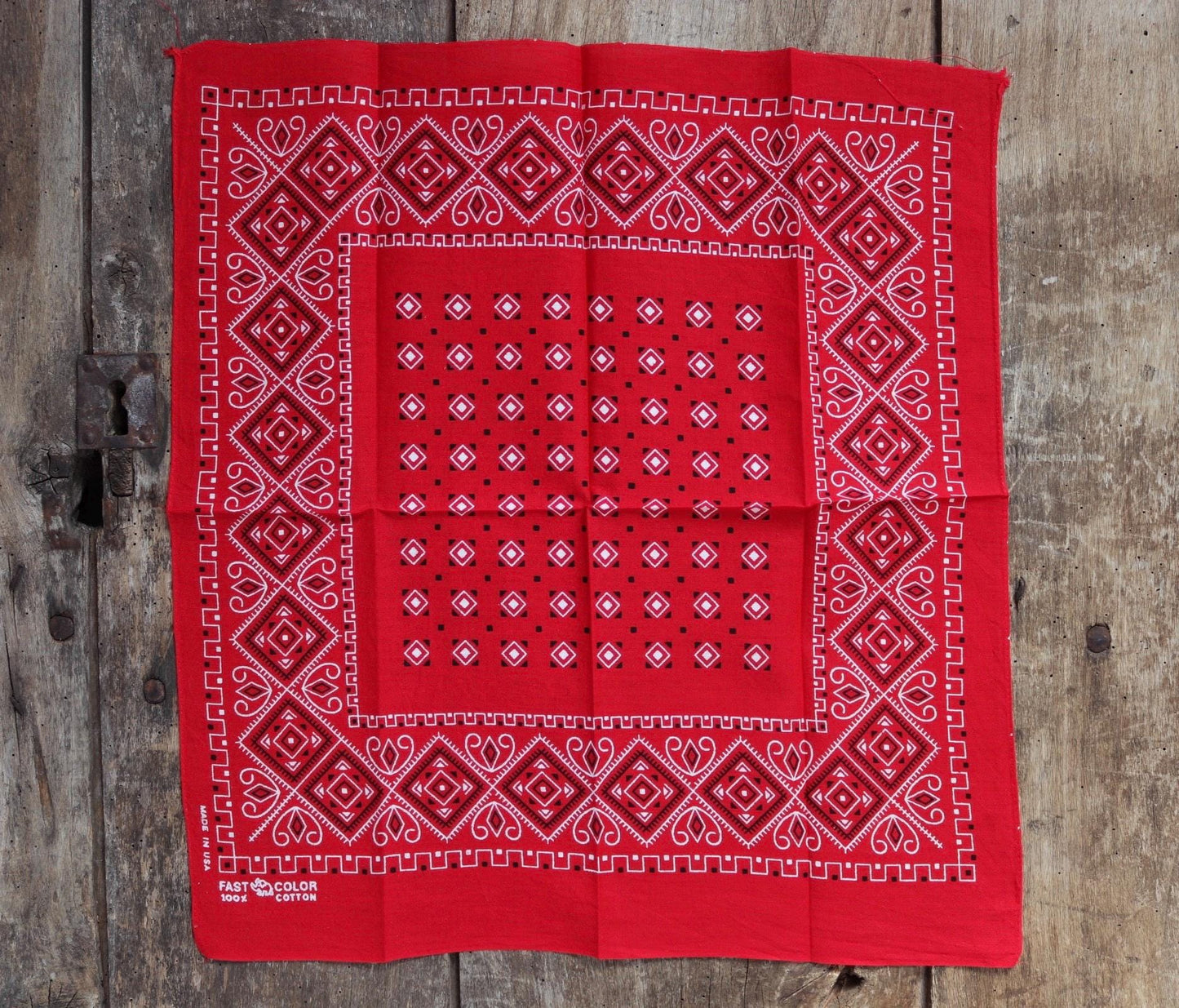 Vintage 1960s red cotton bandana - trunk up Elephant brand - colourfast neckerchief - squash blossom design - Davis and Catterall