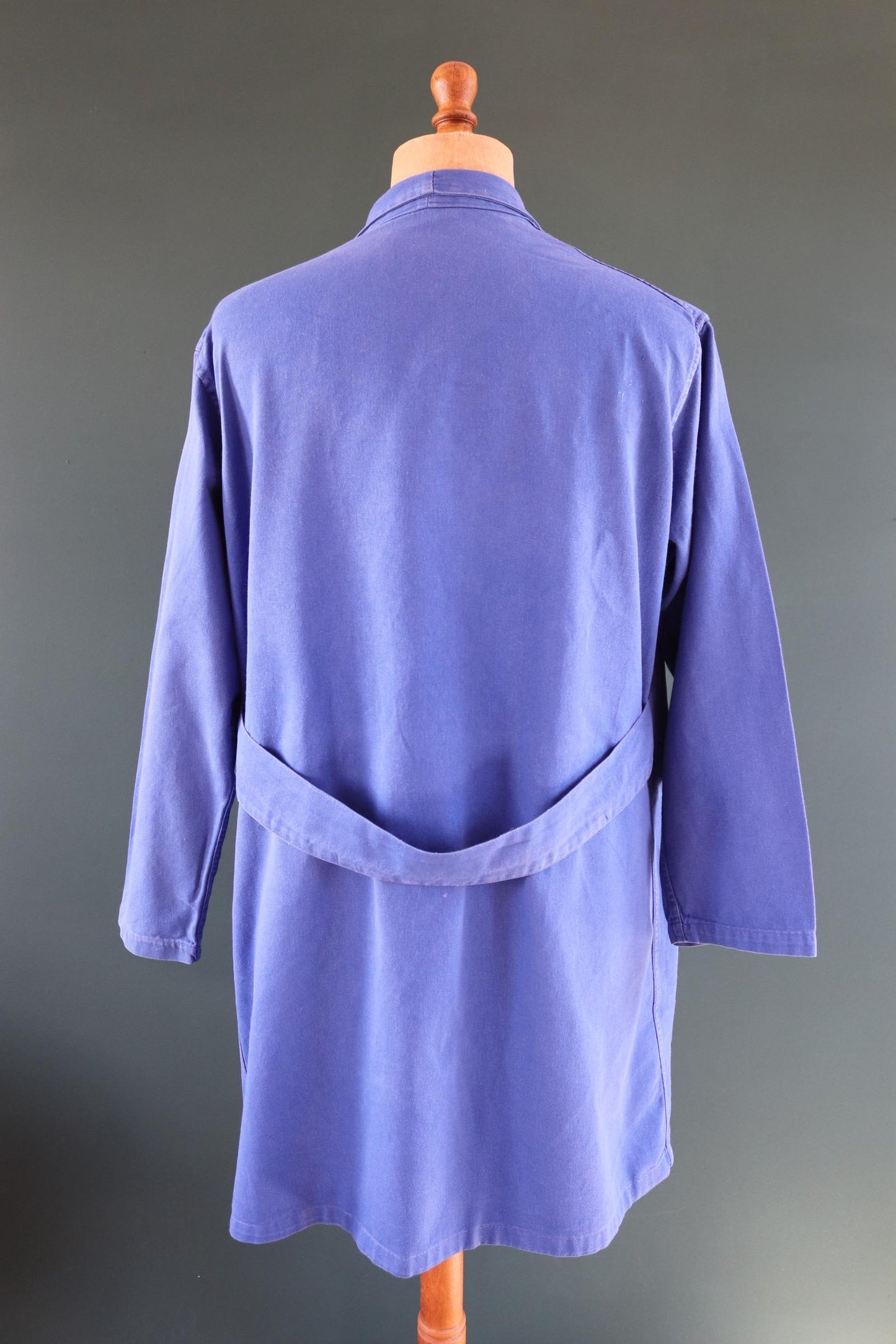Vintage 1970s French long chore coat - workwear jacket - 49” chest - bleu de travail - cotton twill overalls - back belt