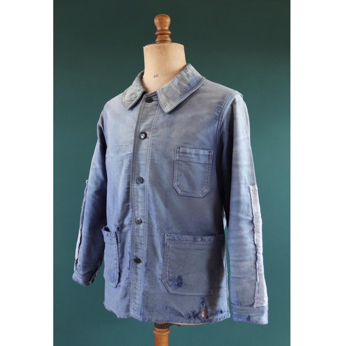 Vintage French blue moleskin jacket - Le Laboureur - 1960s chore coat - distressed condition workwear - 42” chest - faded bleu de travail