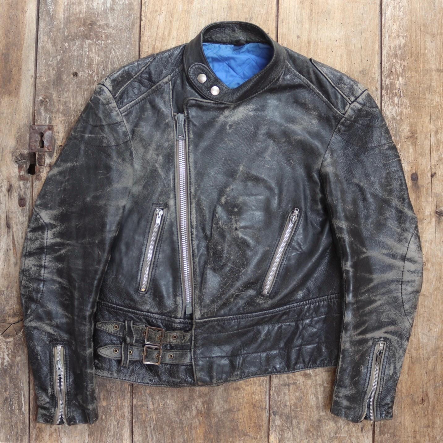 Vintage 1980s British black leather cafe racer jacket - 38” chest