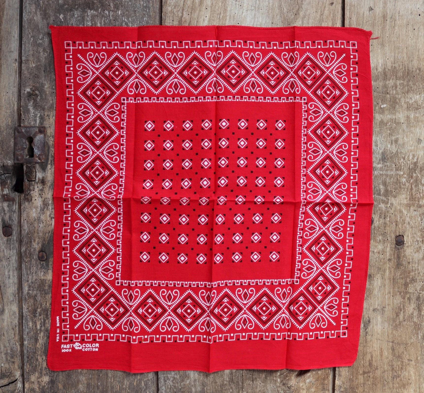Vintage 1960s red cotton bandana - trunk up Elephant brand - colourfast neckerchief - squash blossom design - Davis and Catterall